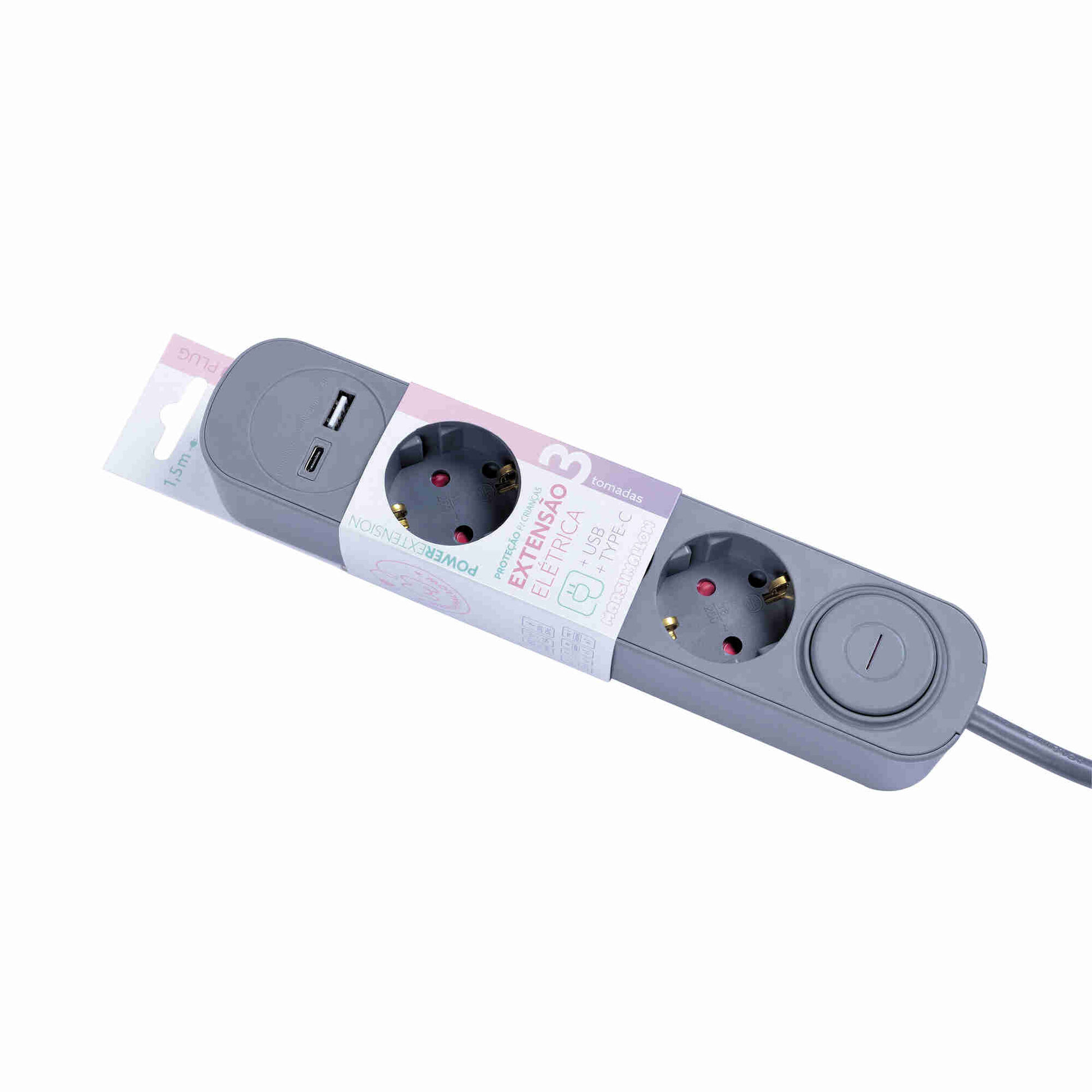 Bloco 3 Tomadas, 1 USB e 1 Type-C 1,5m Cinza Marshmallow