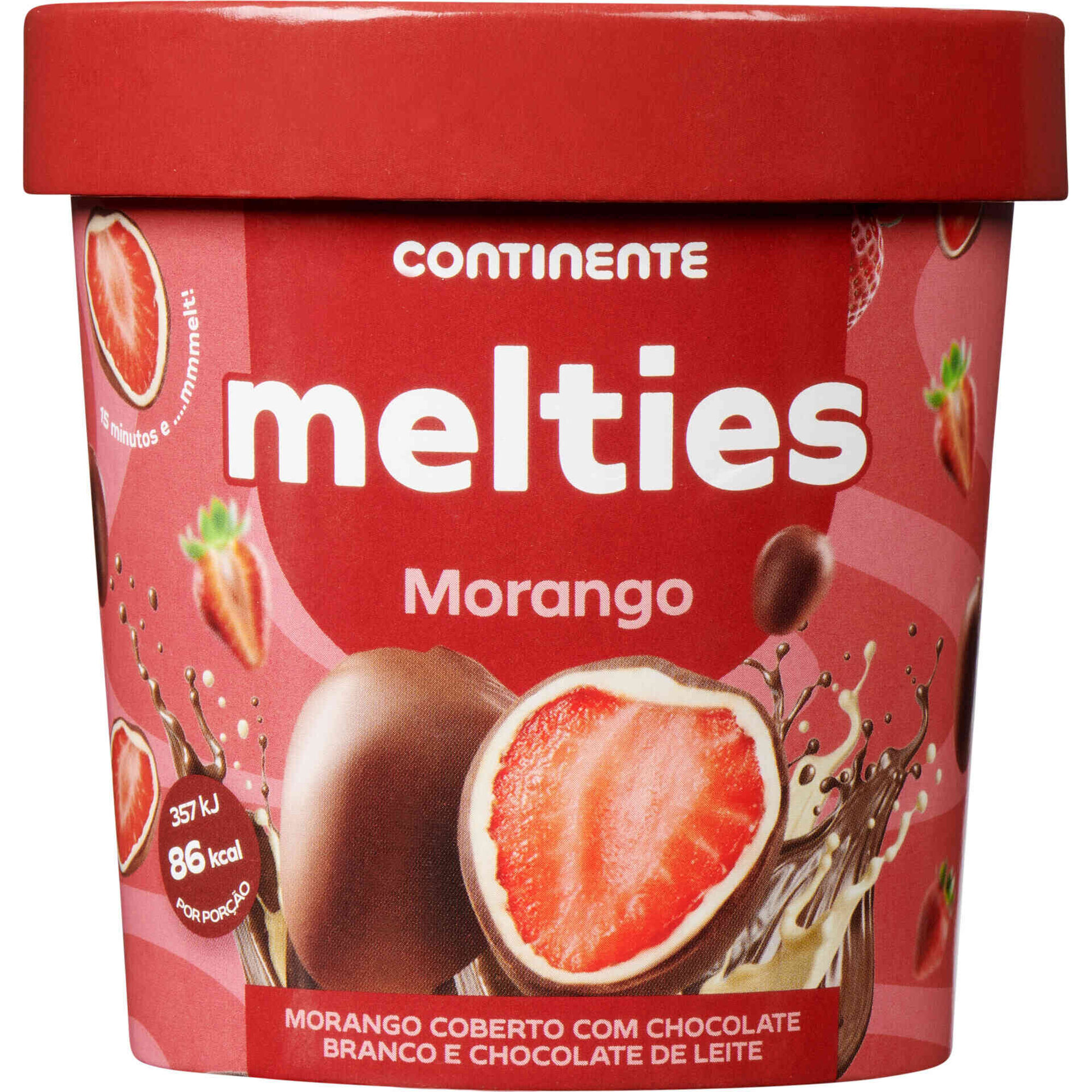 Melties de Morango Coberto com Chocolate Branco e Chocolate de Leite Continente