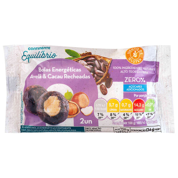 Bolas Energéticas de Avelã e Cacau Recheadas Continente Equilíbrio