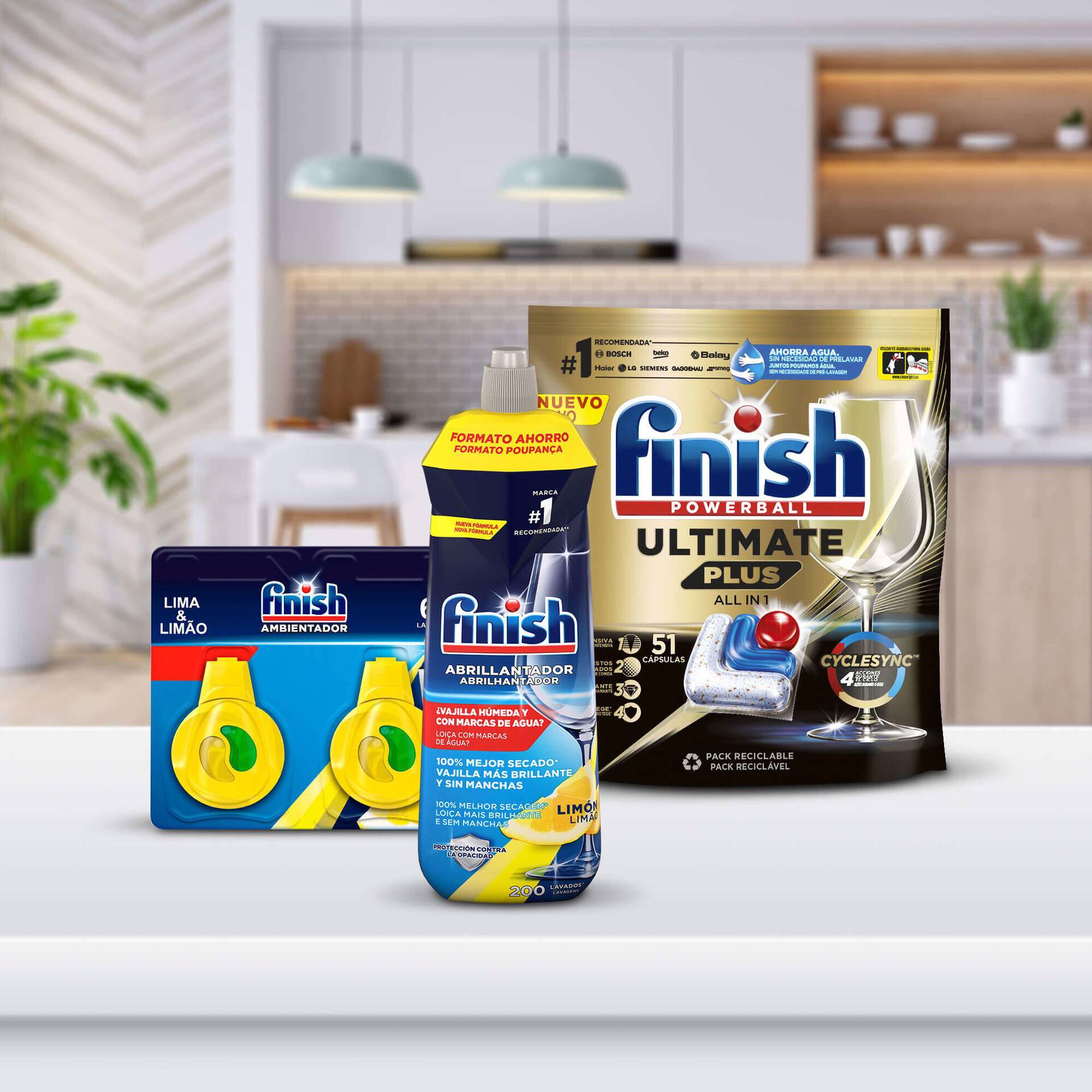 Detergente Pastilhas Ultimate Plus + Abrilhantador + Desodorizante Máquina Loiça