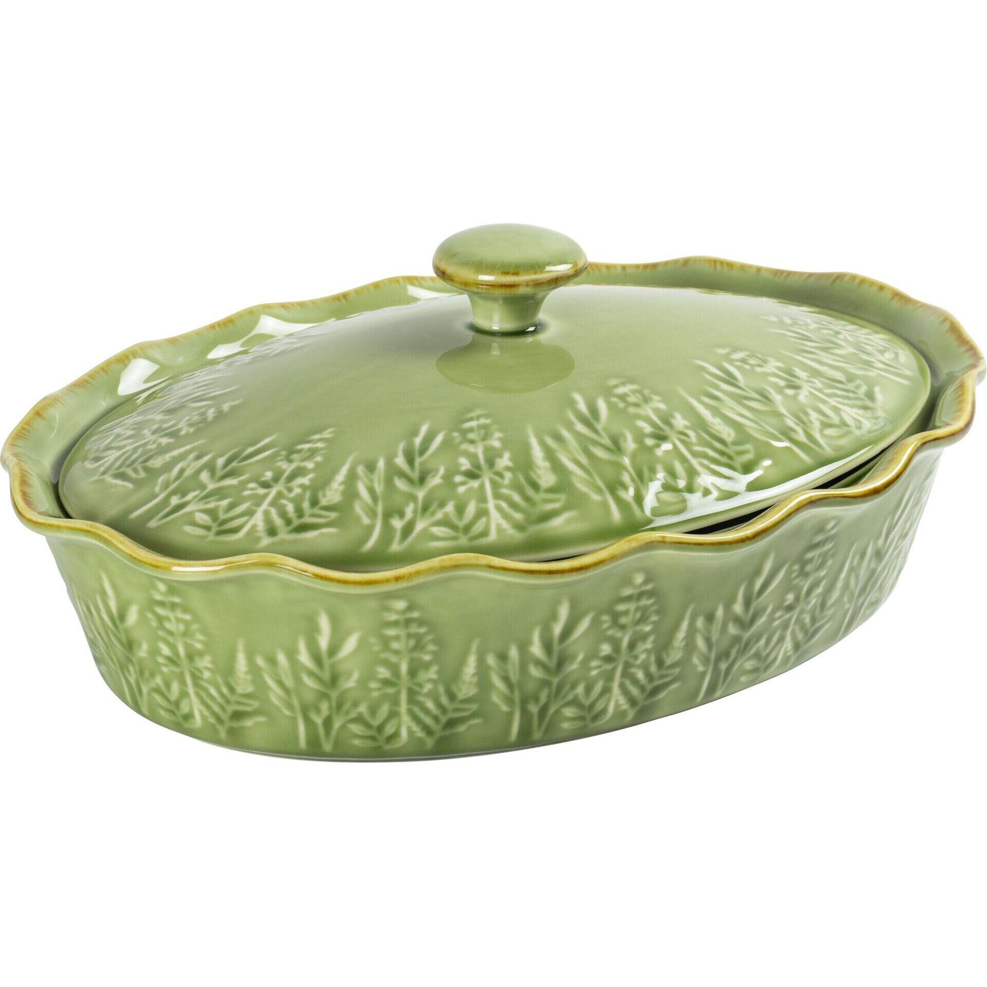 Assadeira Oval com Tampa Folhas Verde Claro Kasa