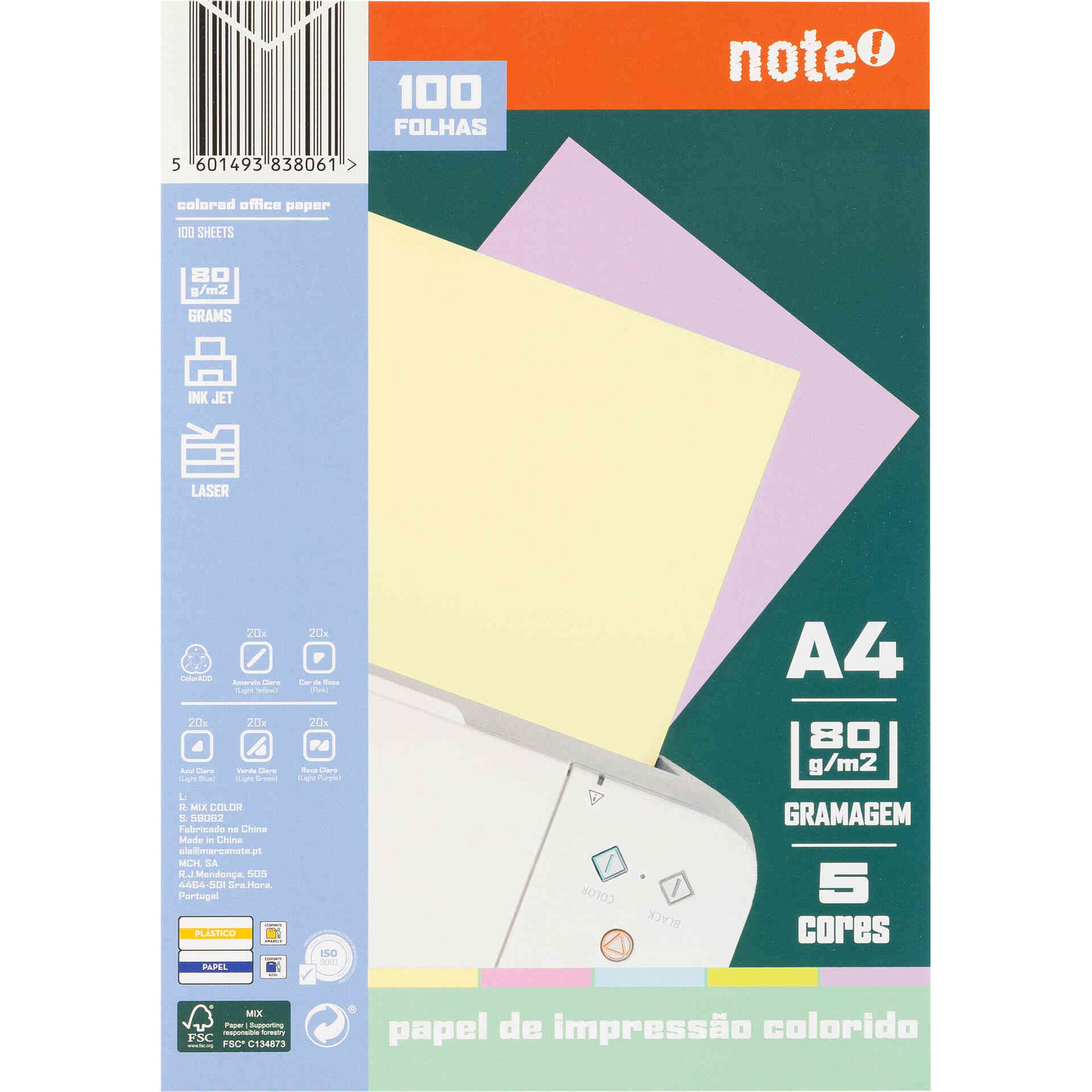 Resma de Papel de Impress&atilde;o A4 100 Folhas 80g/m2 Cores Suaves Note!