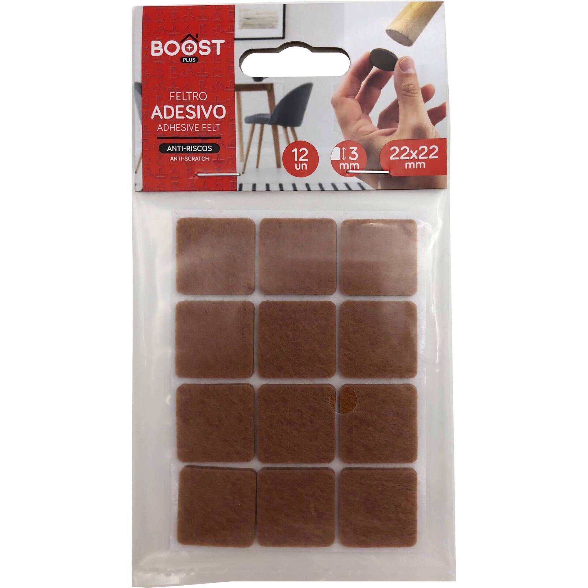 Conjunto 12 Adesivos Feltro Quadrados 2,2x2,2cm Castanho Boost