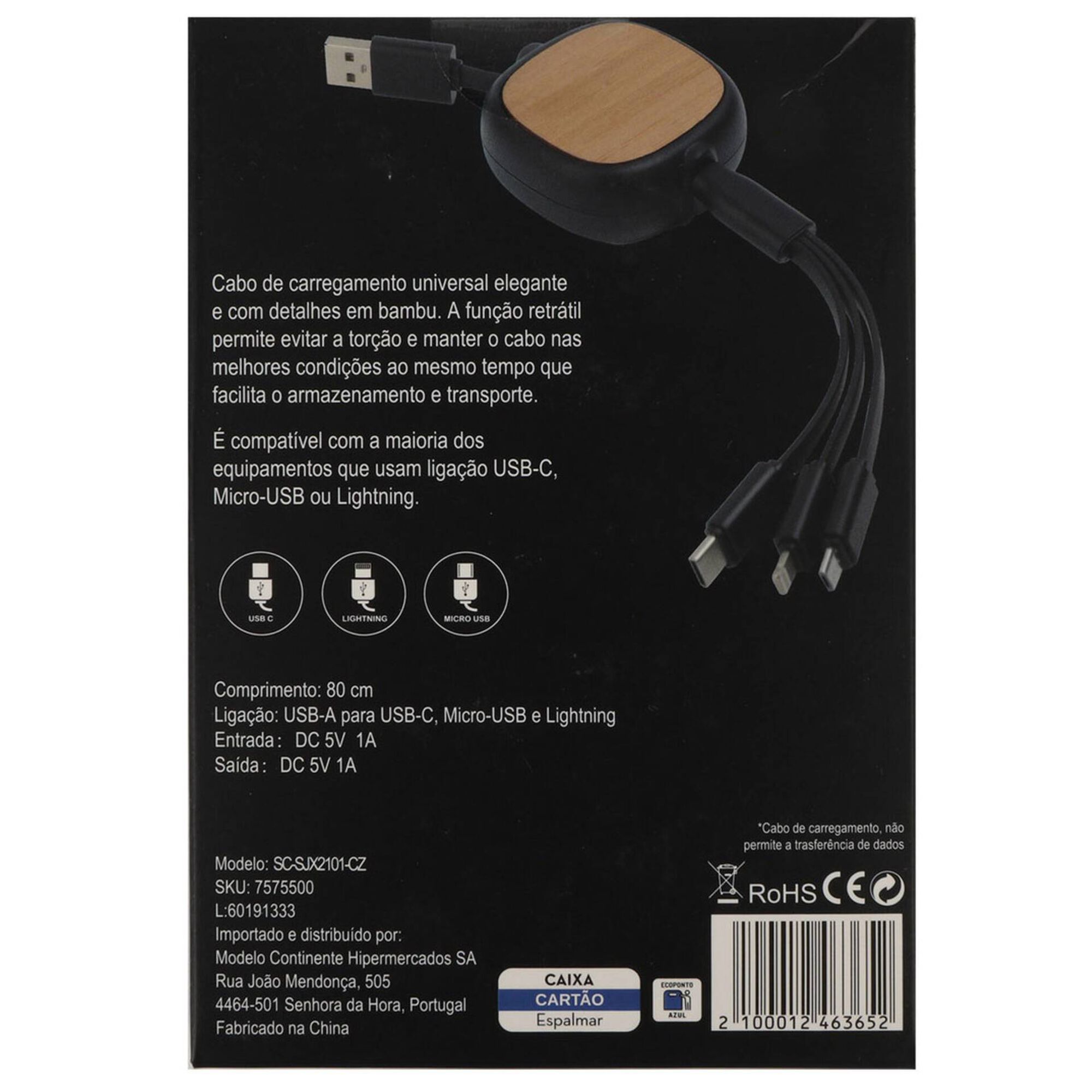 Cabo 3 em 1 Bambu Quadrado Lightning Micro USB-C
