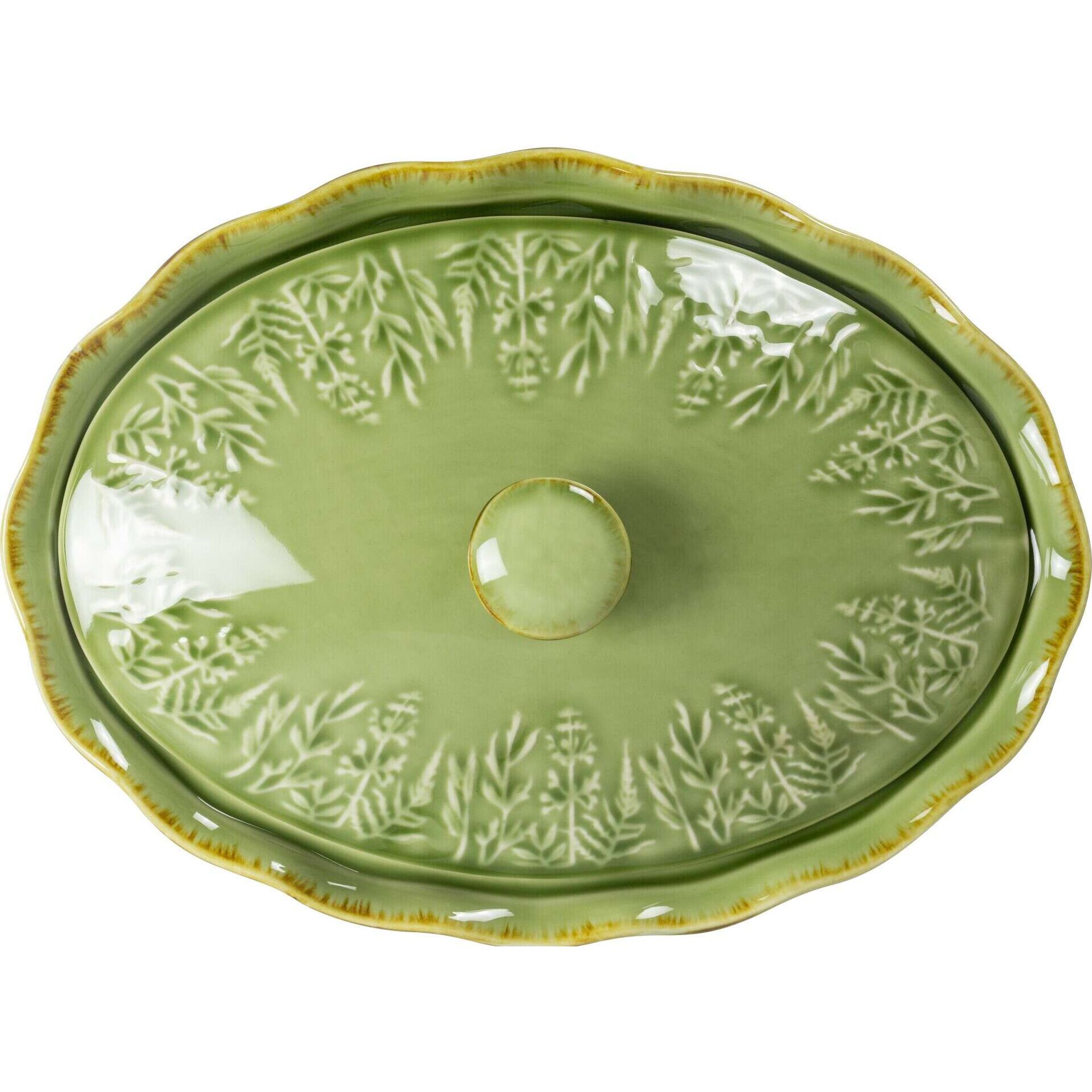 Assadeira Oval com Tampa Folhas Verde Claro Kasa