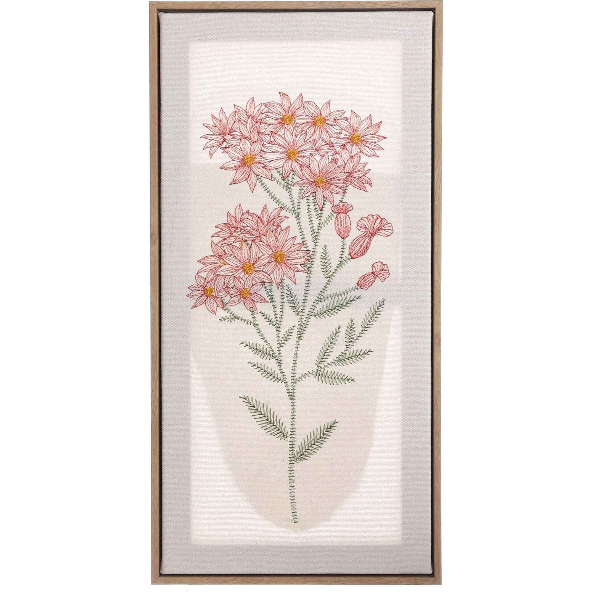 Quadro Decor 50x25cm Bordado Flores Rosa