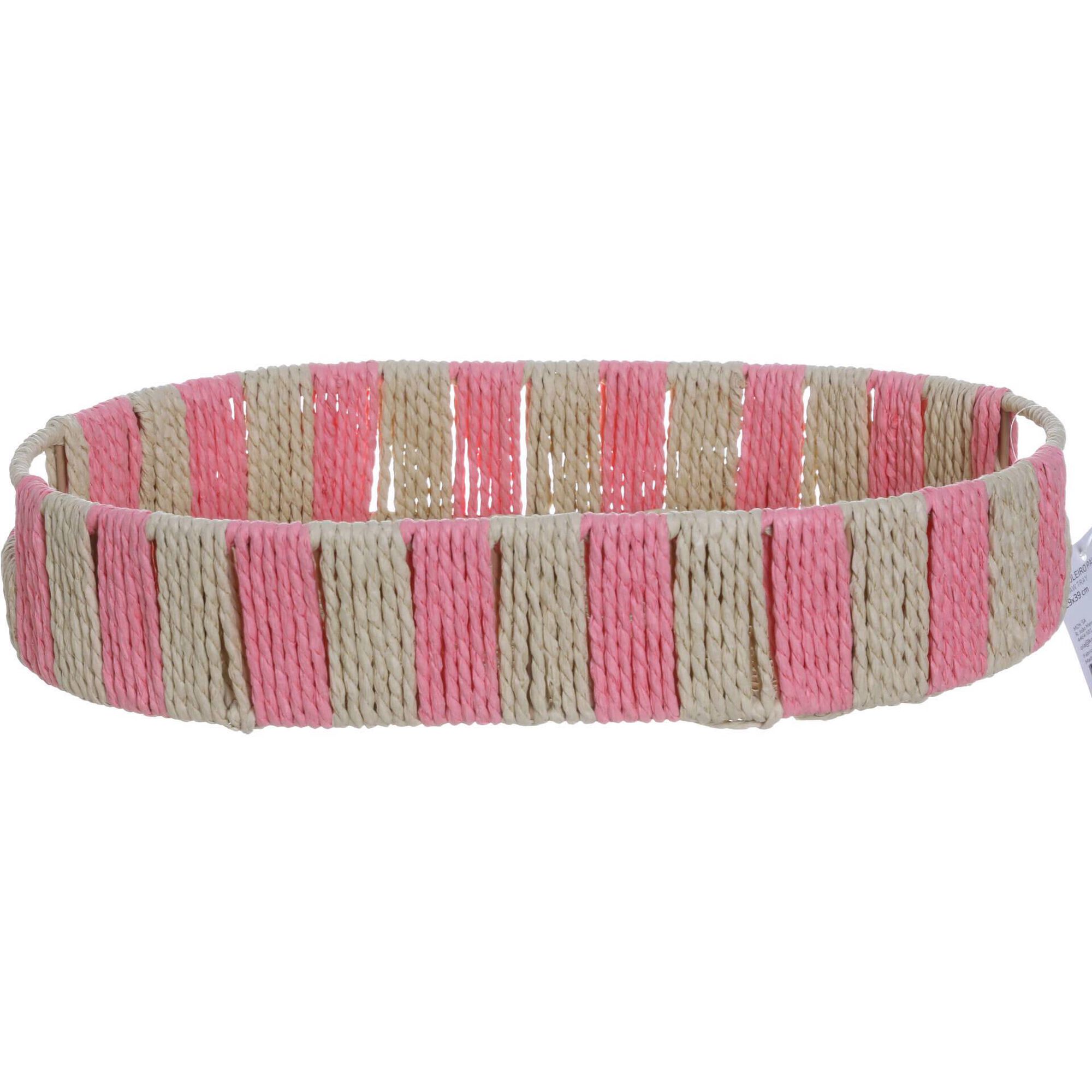 Tabuleiro Palha Oval Riscas Rosa Kasa