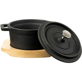 Mini Ca&ccedil;arola Ferro Preto com Base Madeira Kasa