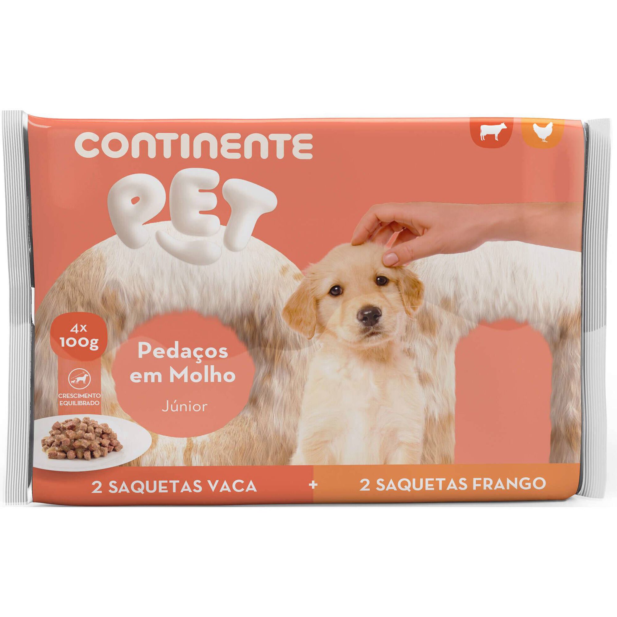 Comida H&uacute;mida para C&atilde;o J&uacute;nior Peda&ccedil;os Vaca e Frango Saquetas Continente Pet