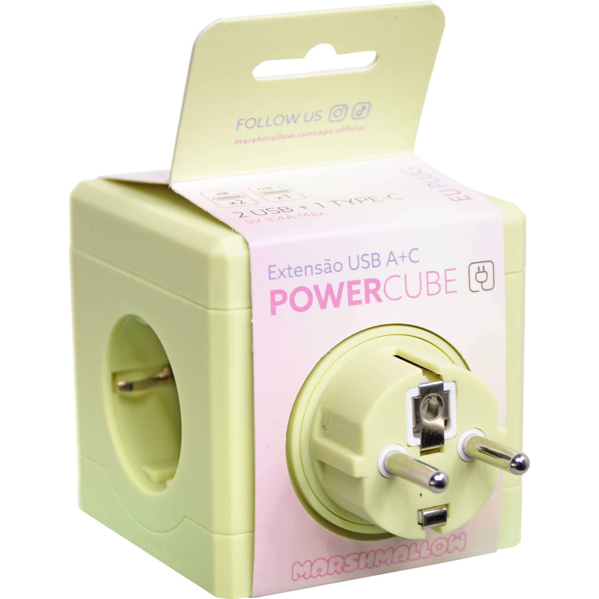 Extens&atilde;o Cubo 3 Tomadas 2USB Lima Marshmallow