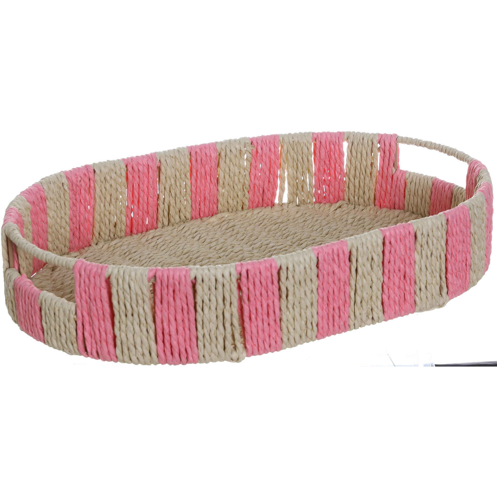 Tabuleiro Palha Oval Riscas Rosa Kasa