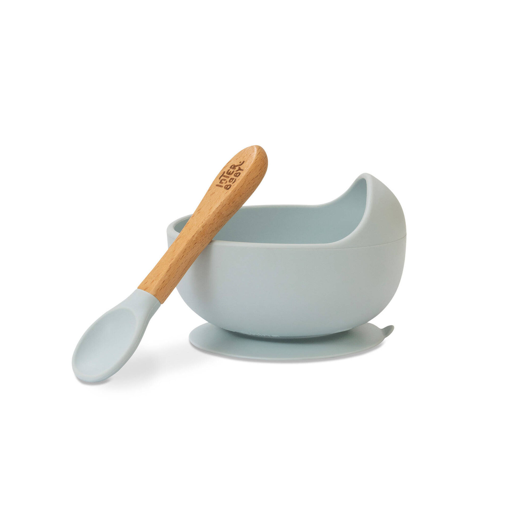 Ta&ccedil;a e Colher Madeira E Silicone Azul Interbaby