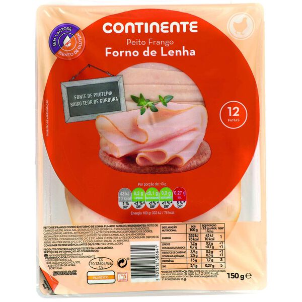 Fiambre de Peito de Frango Forno de Lenha Fatiado Continente