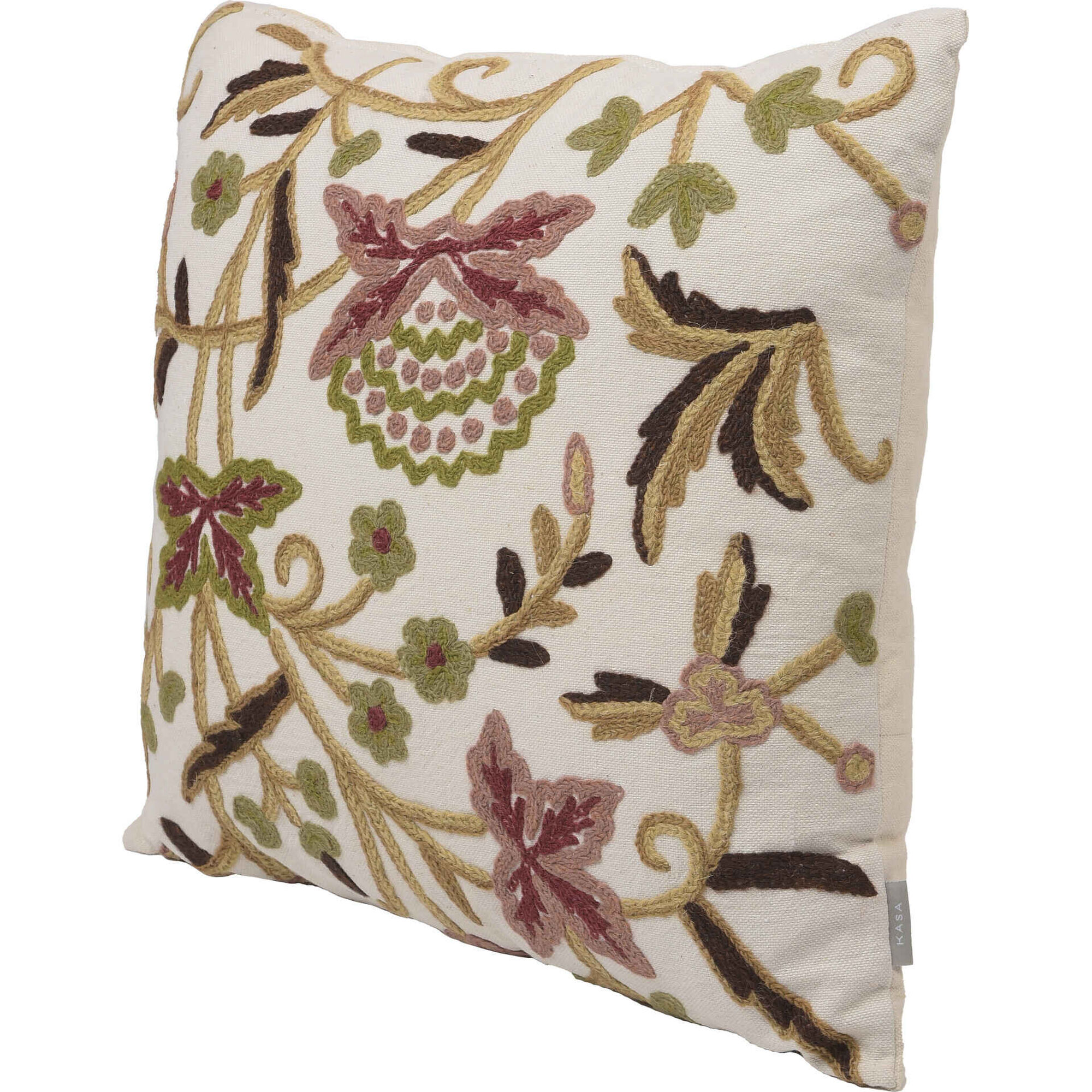 Almofada 45x45cm Bordada Flores Rosa e Verde