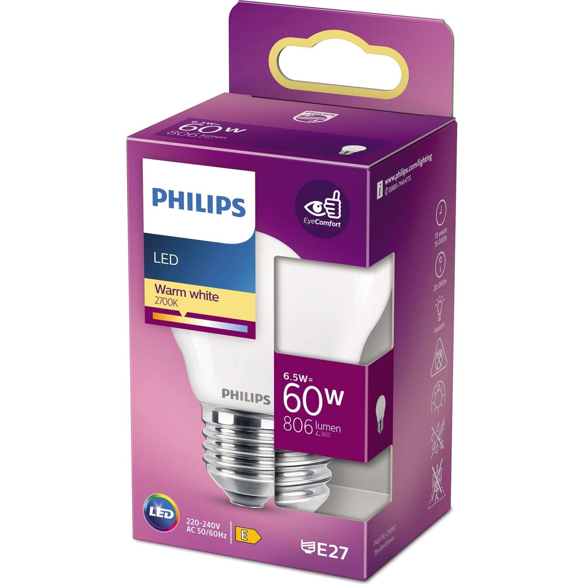 L&acirc;mpada Led Esf&eacute;rica E27 2700K 60W Philips