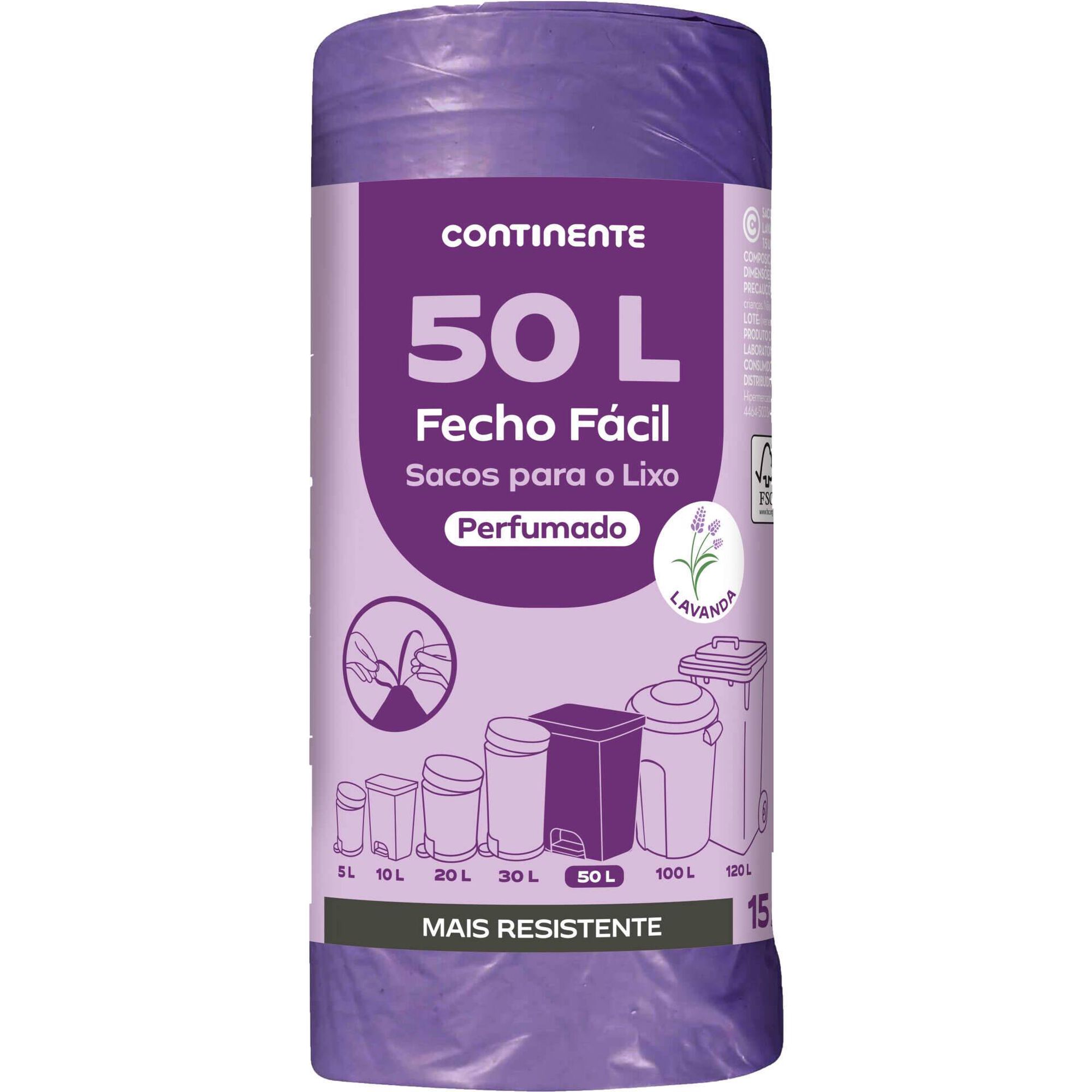 Sacos Lixo Fecho Fácil Perfumado Lavanda 50 lt