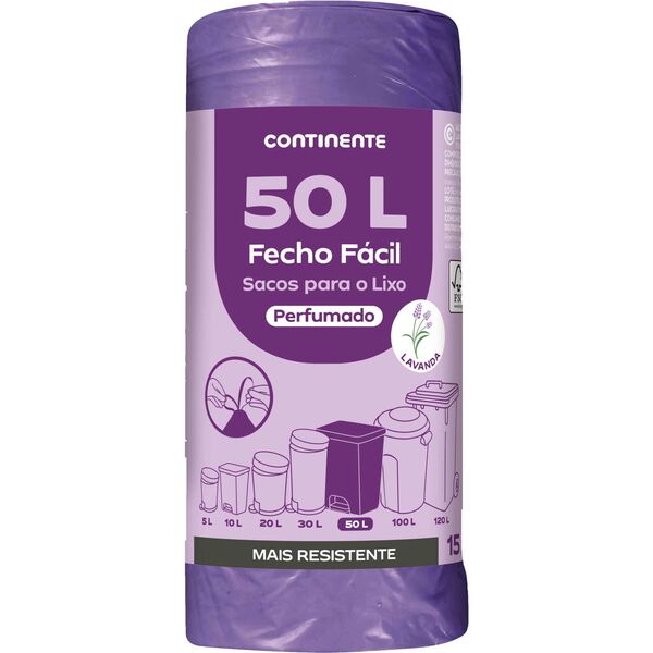 Sacos Lixo Fecho Fácil Perfumado Lavanda 50 lt Continente