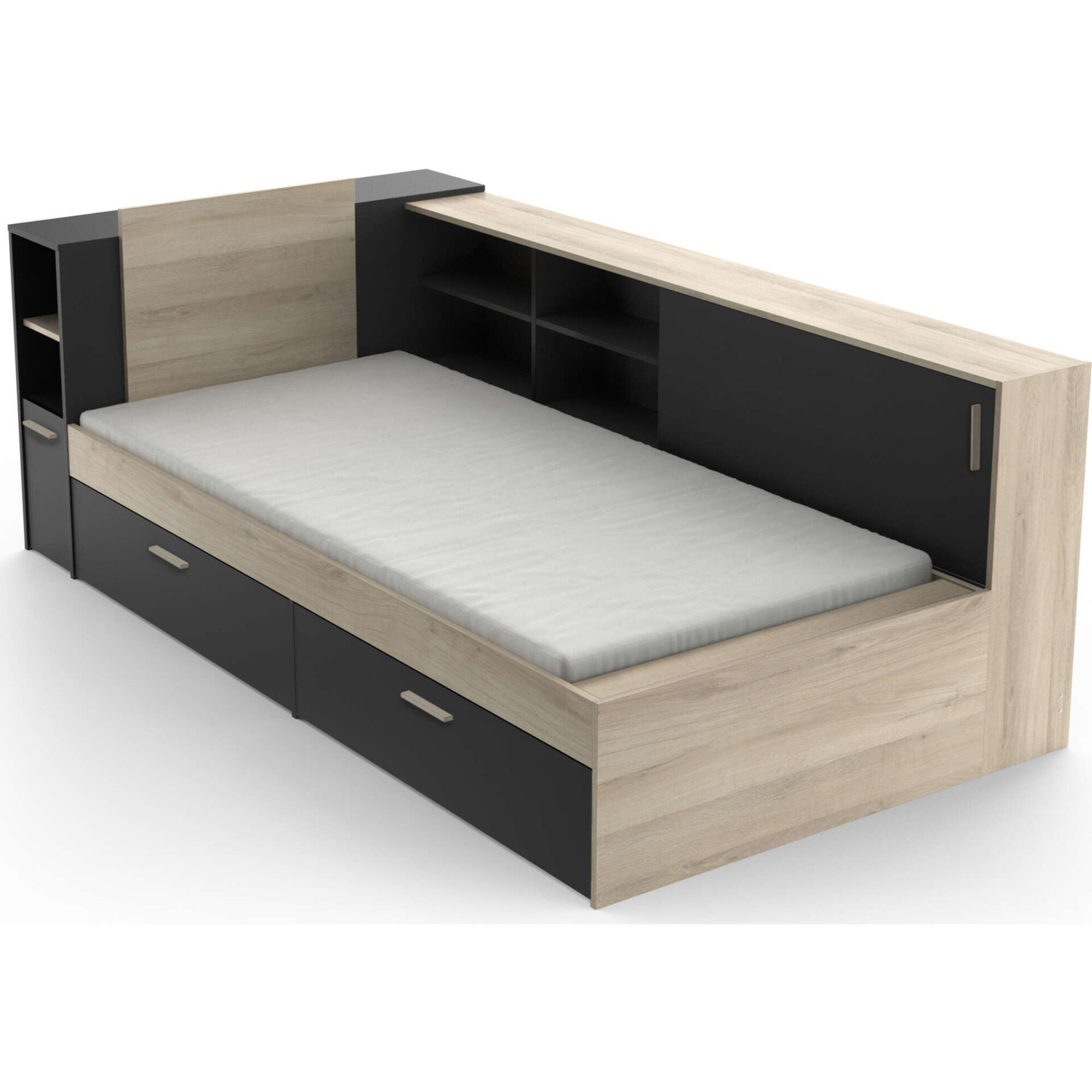 Cama Solteiro 119x229x88cm Preta e Carvalho Life