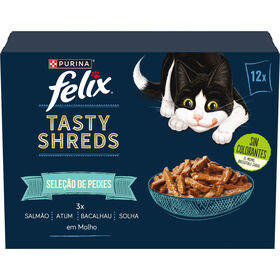 Comida Húmida para Gato Tasty Shreds Seleção Peixes Salmão Atum Bacalhau e Solha