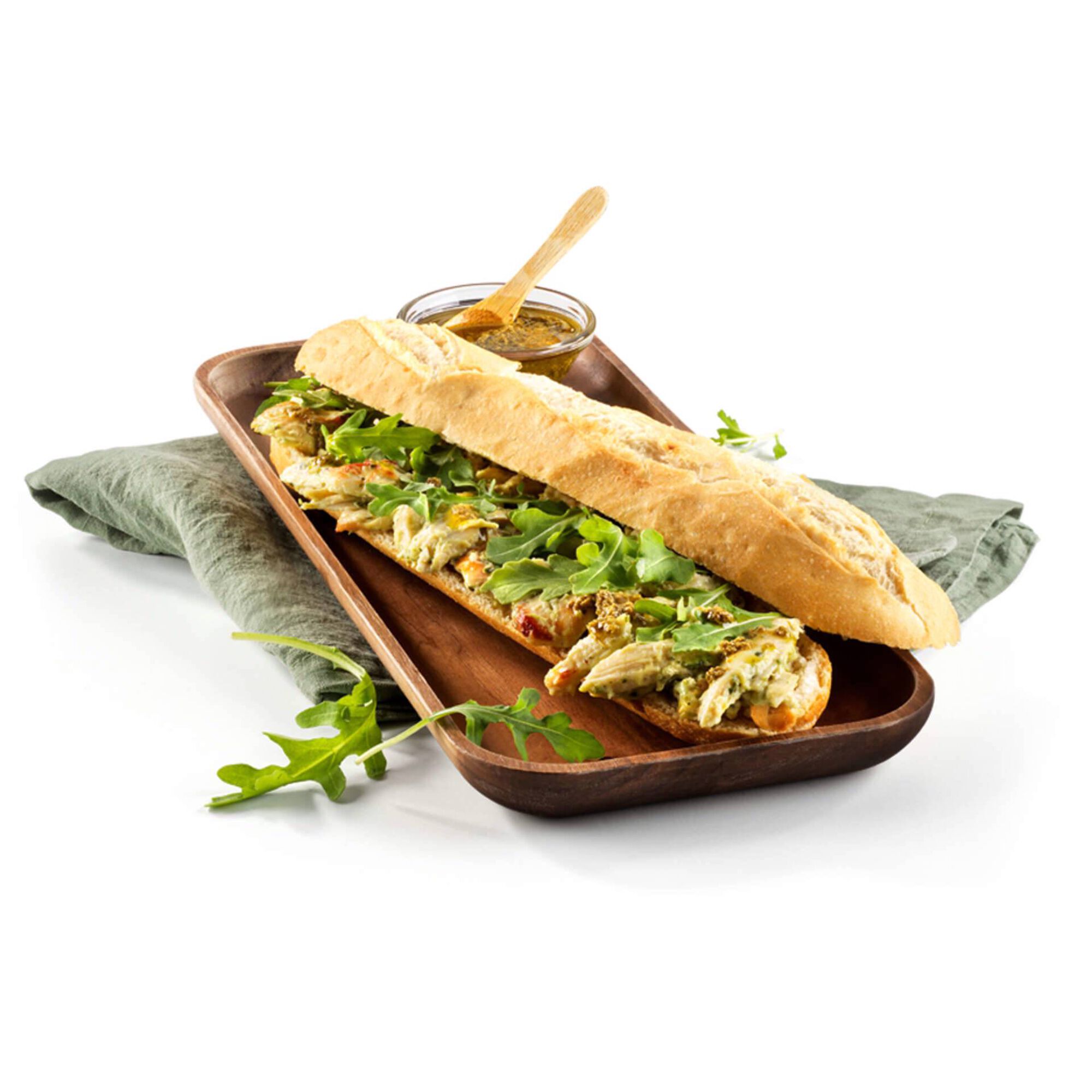 Baguete de Frango Assado, Pesto e Rúcula