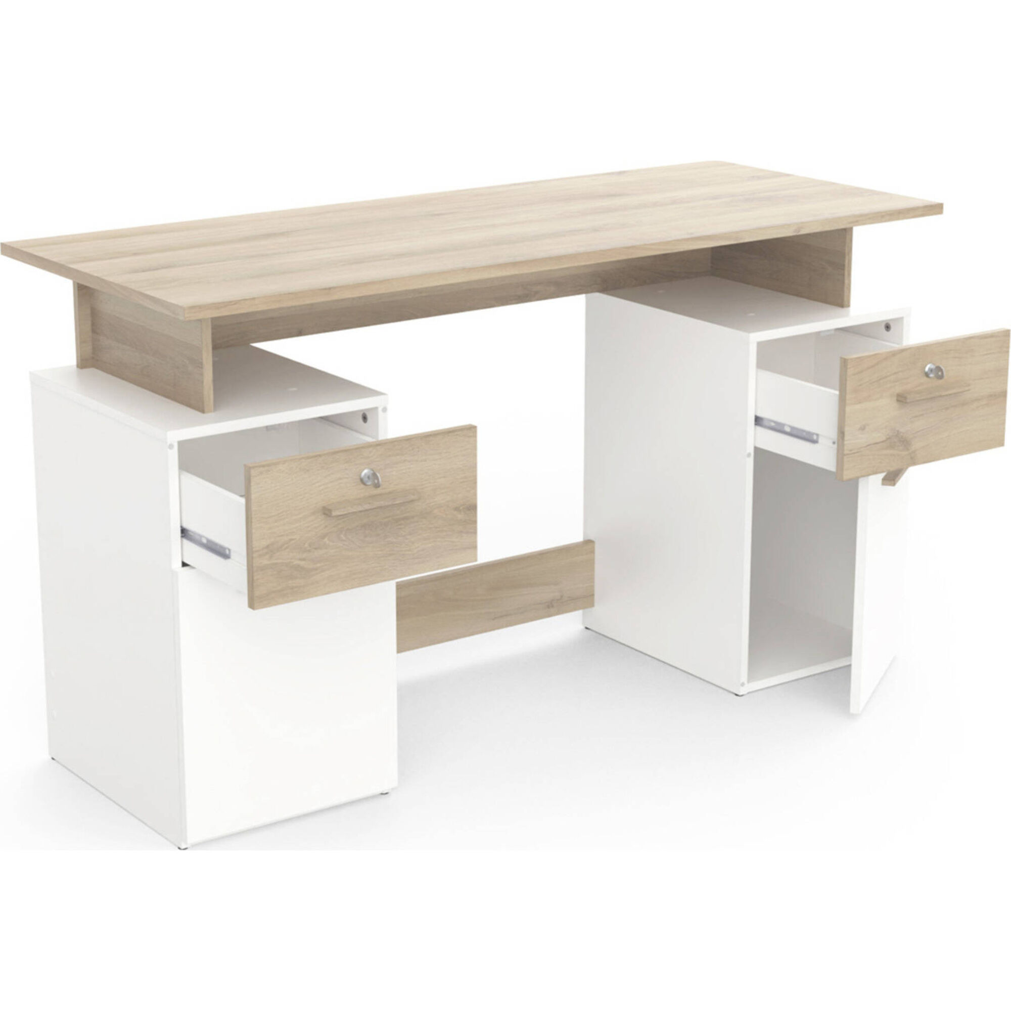 Secretária com 2 Gavetas com Chave 122x55x109cm Branca e Carvalho Platon