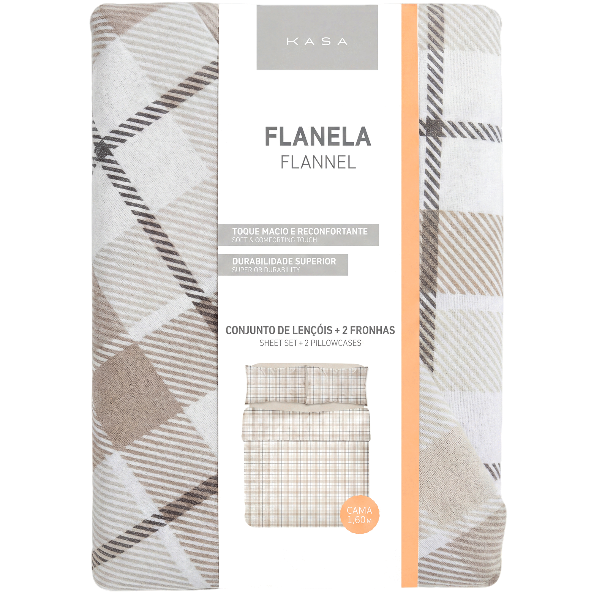 Conjunto de Len&ccedil;&oacute;is Flanela 280x260cm Quadrados Bege Kasa