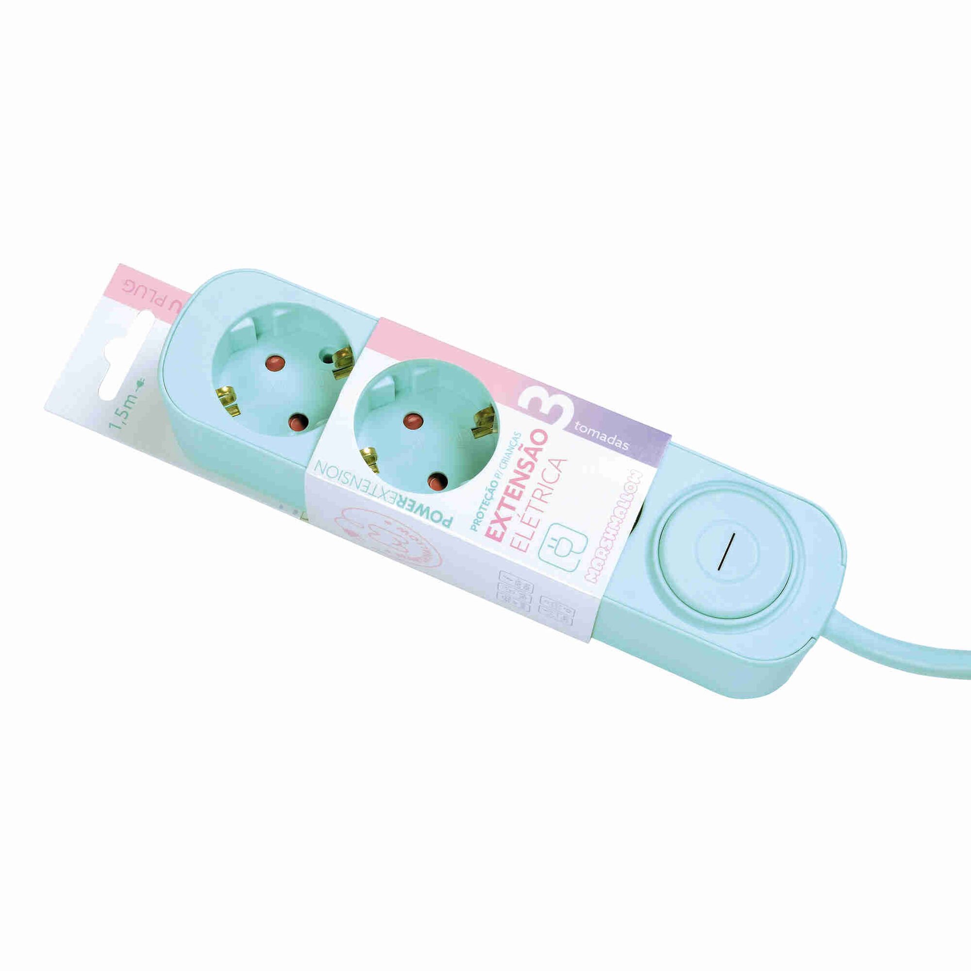 Bloco 3 Tomadas com Interruptor 1,5m Verde &Aacute;gua