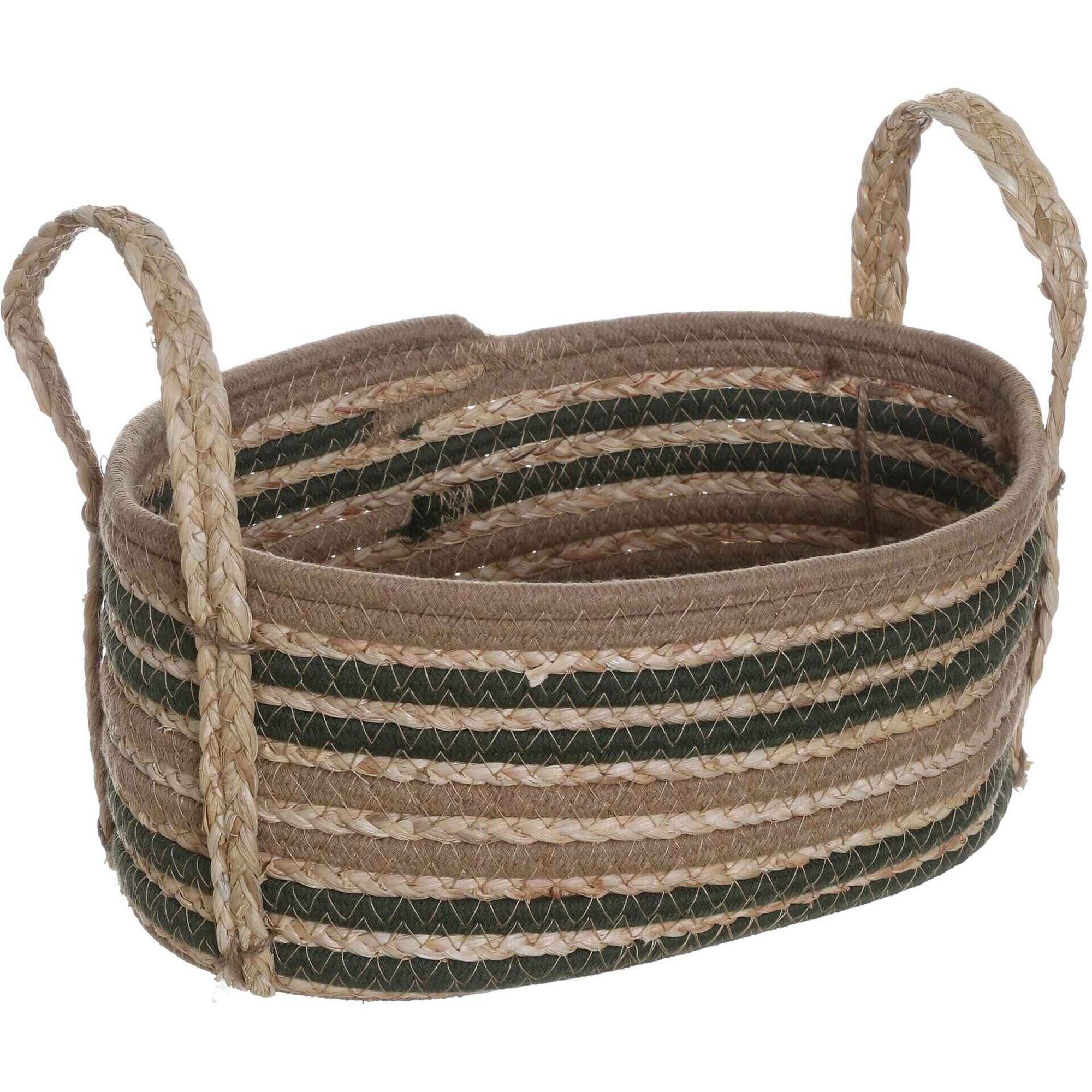 Cesto Oval com Riscas Verdes 30,5x22x13cm Kasa