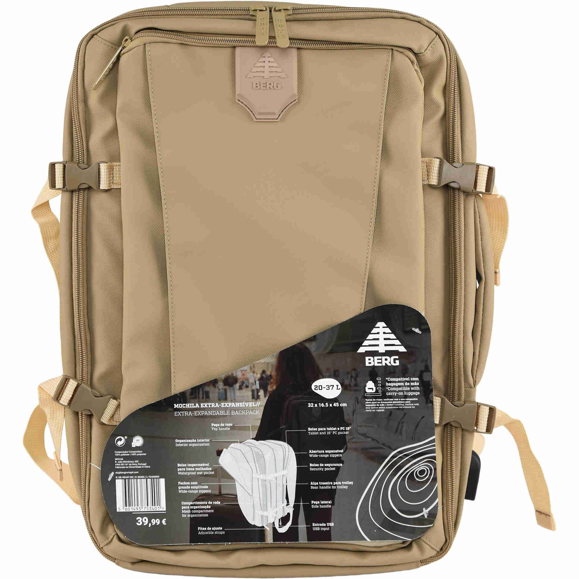 Mochila Extra-Expans&iacute;vel 20L-37L Bege