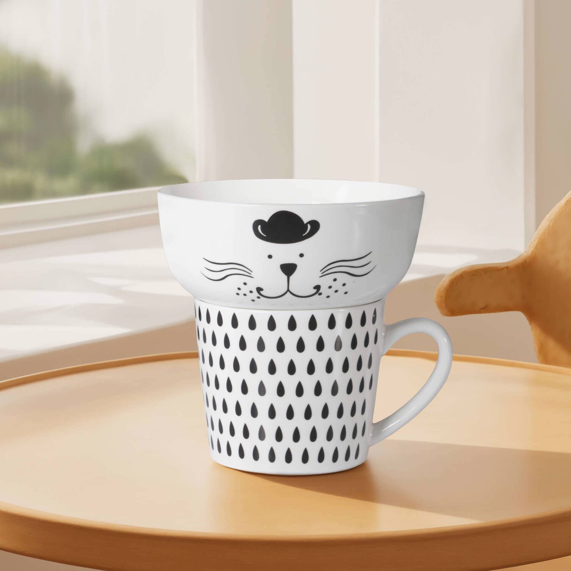 Conjunto Caneca 370ml e Taça 600ml Gato Chapéu