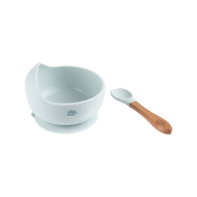 Ta&ccedil;a e Colher Madeira E Silicone Azul Interbaby