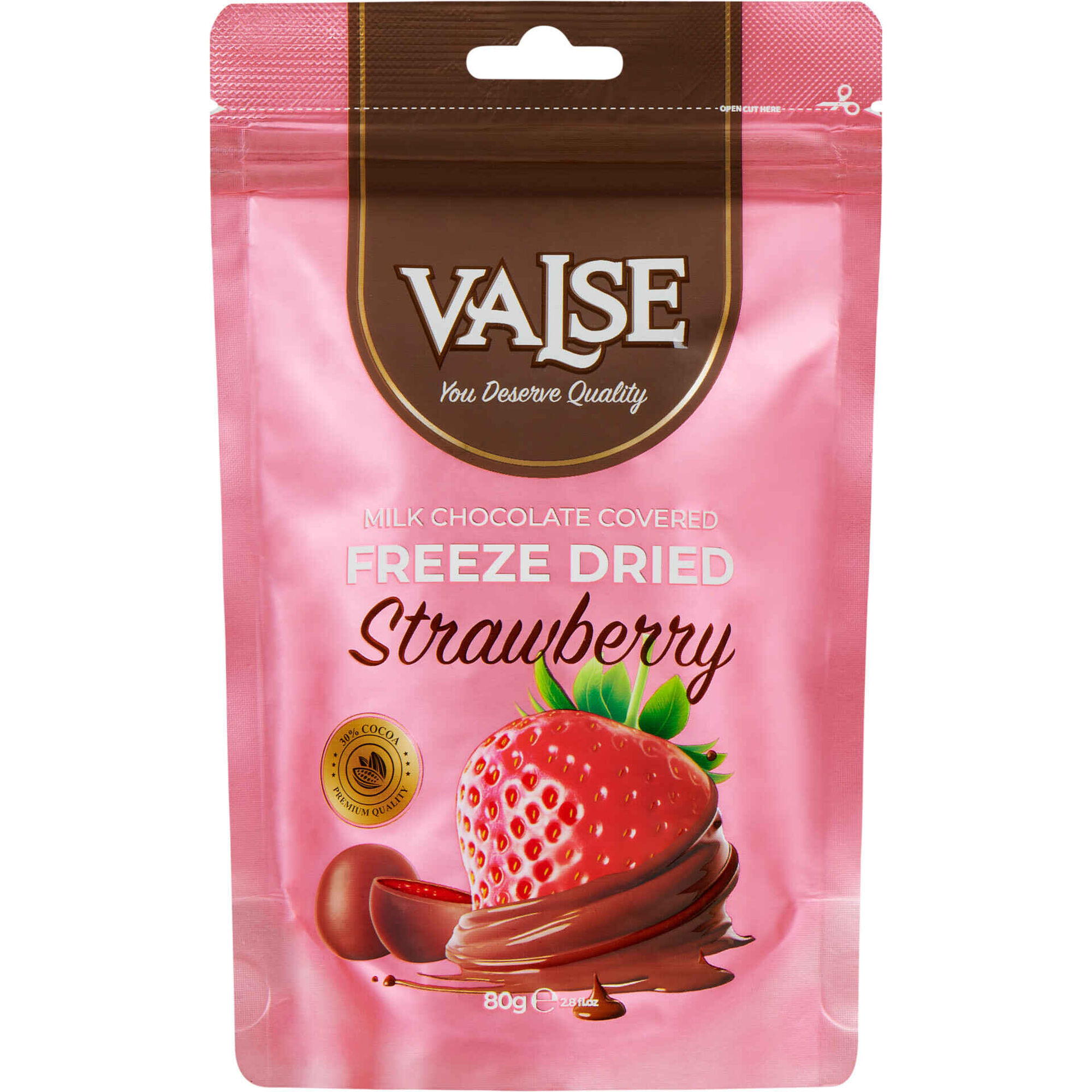 Freeze Dried de Morango coberto com Chocolate de Leite Valse
