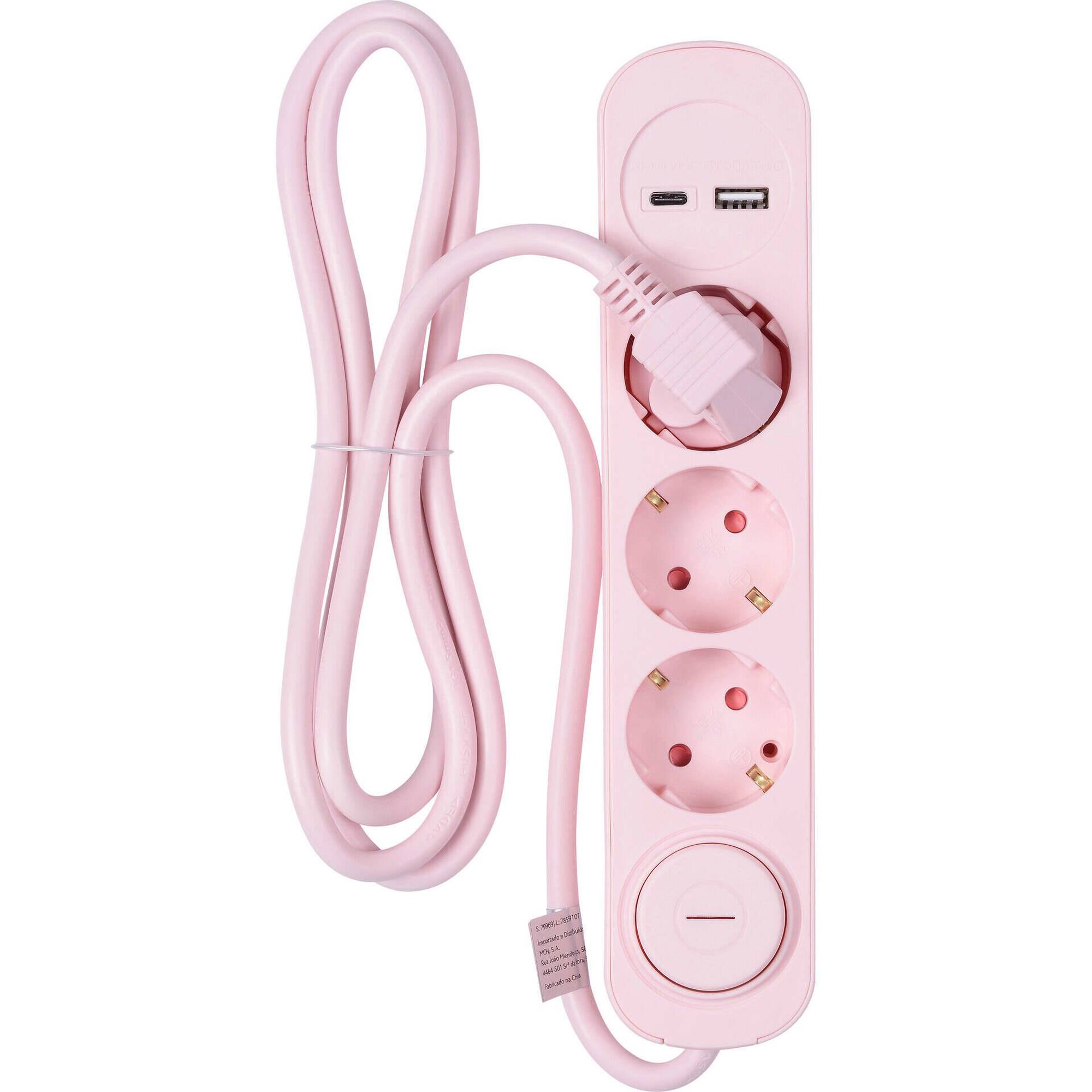 Bloco 3 Tomadas, 1 USB e 1 Type-C 1,5m Rosa Marshmallow
