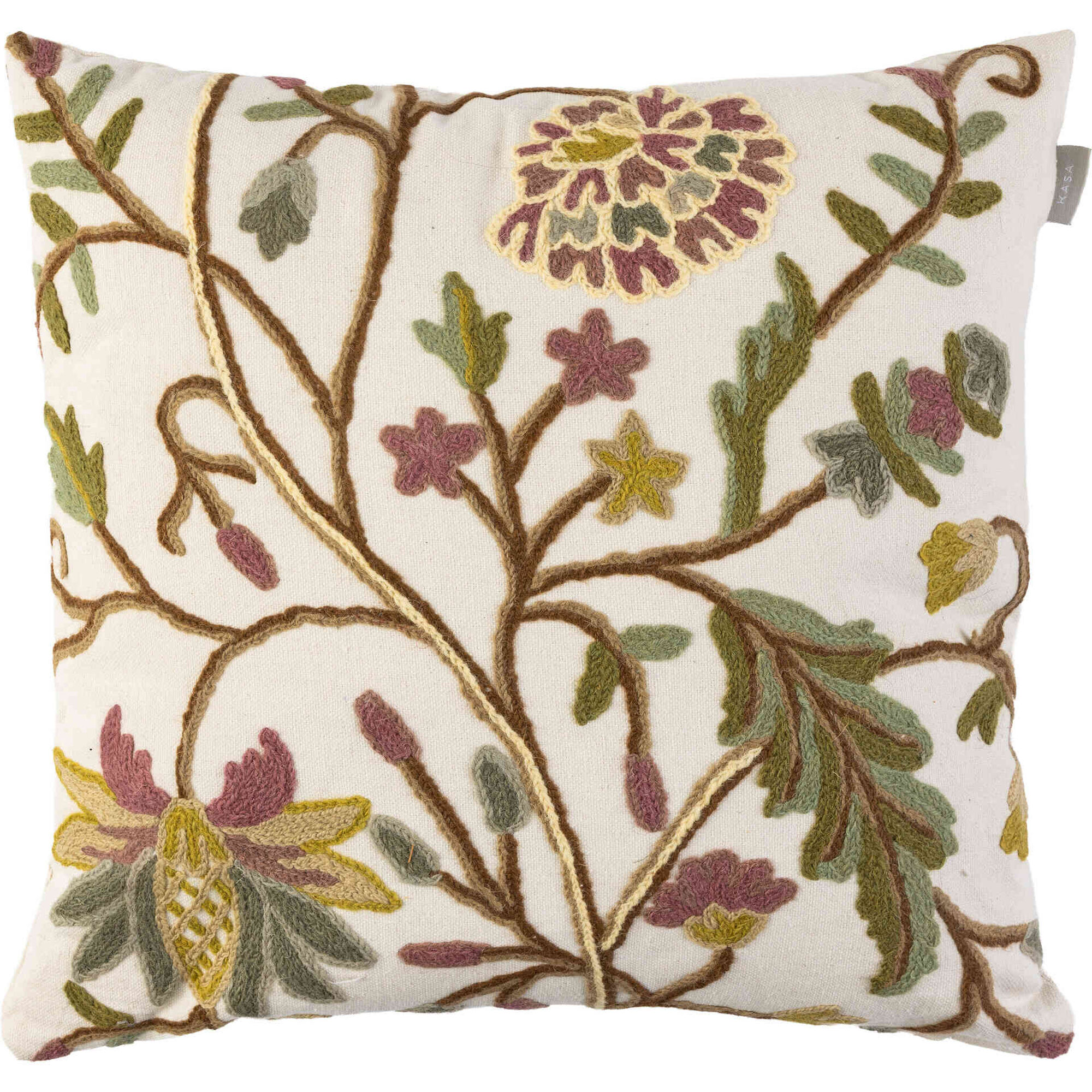 Almofada 45x45cm Branca com Bordado Flores Verde e Azul