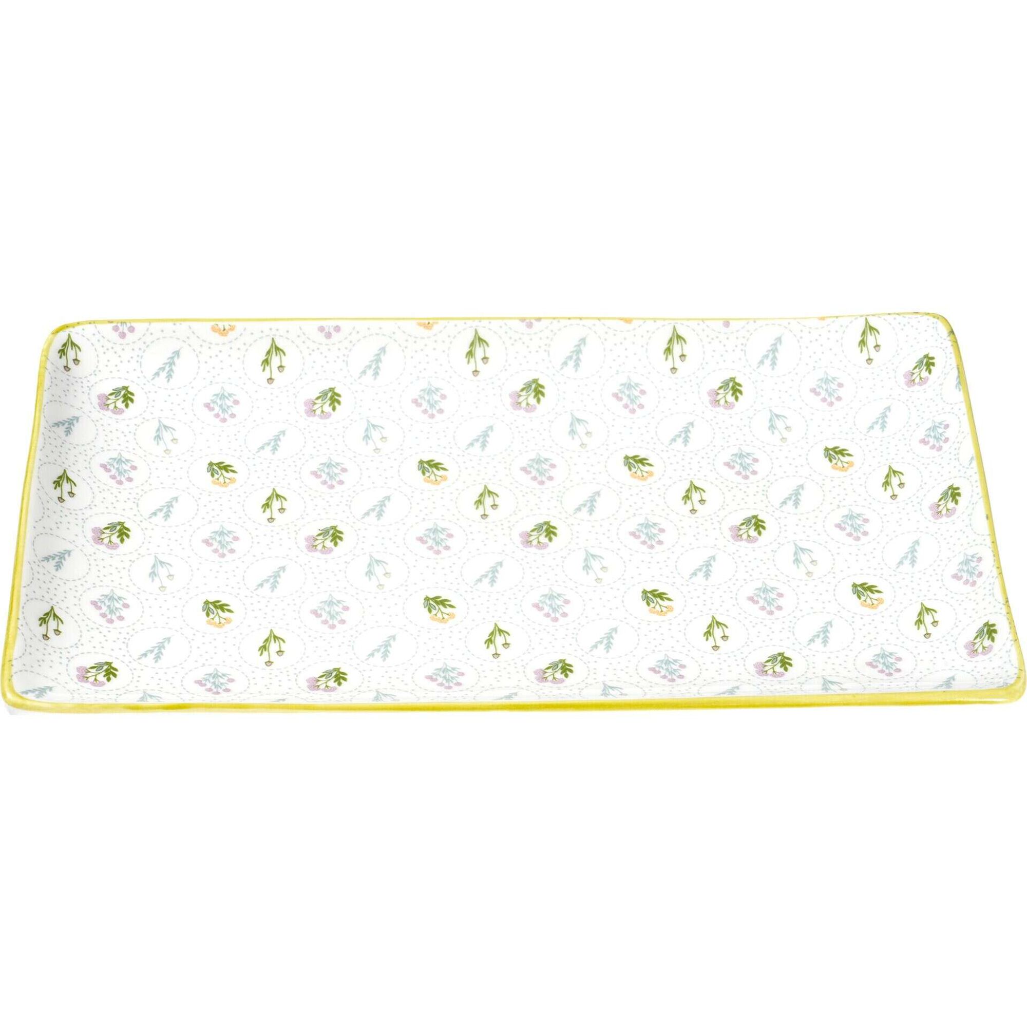 Travessa Retangular 25x16x2,2cm Cru com Flores Verdes Travessa Retangular 25x16x2,2cm Cru com Flores Verdes