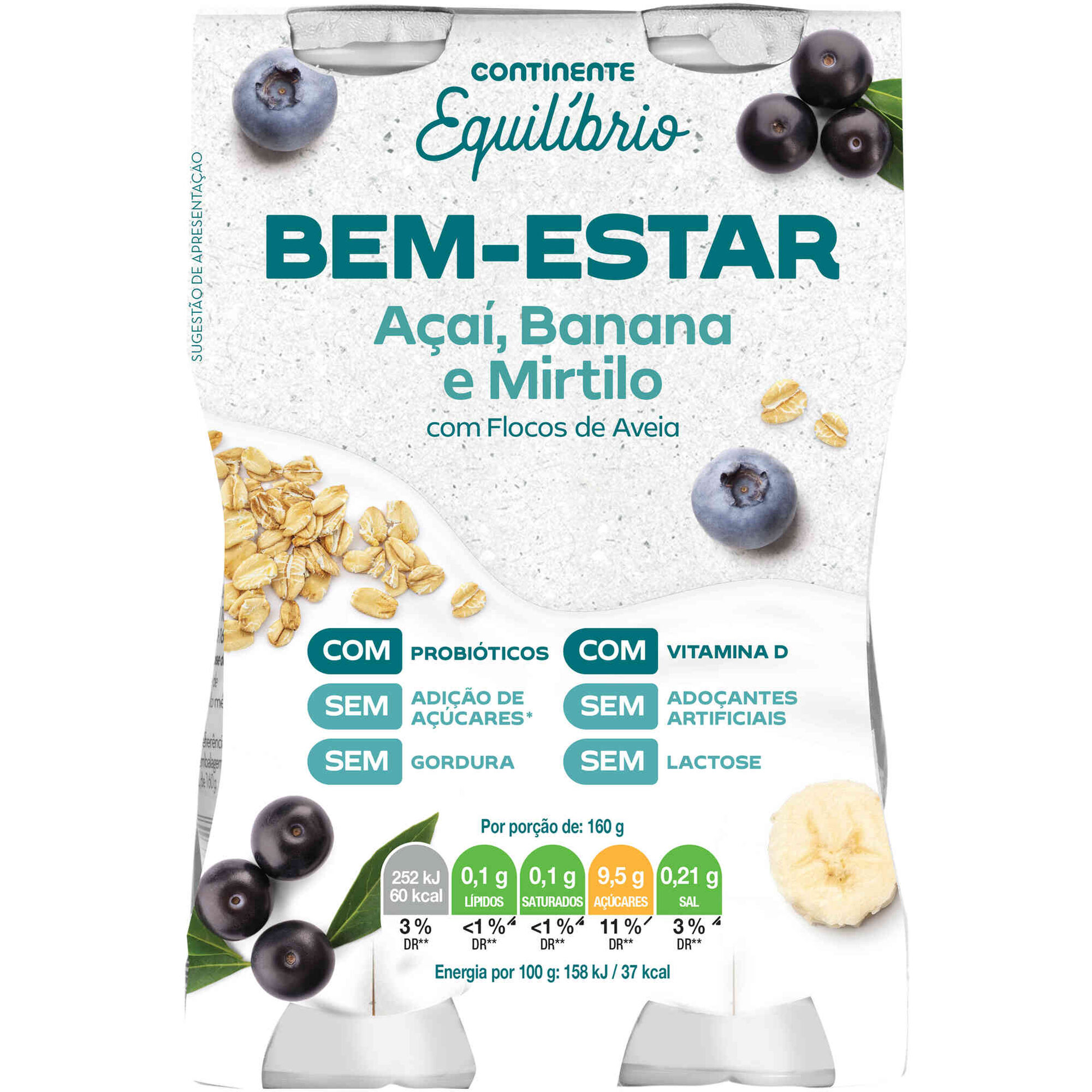 Iogurte L&iacute;quido Bem-Estar A&ccedil;a&iacute;, Banana e Mirtilo sem Lactose Continente Equil&iacute;brio