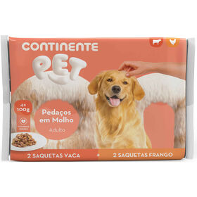 Comida H&uacute;mida para C&atilde;o Adulto Peda&ccedil;os Vaca e Frango Saquetas Continente Pet