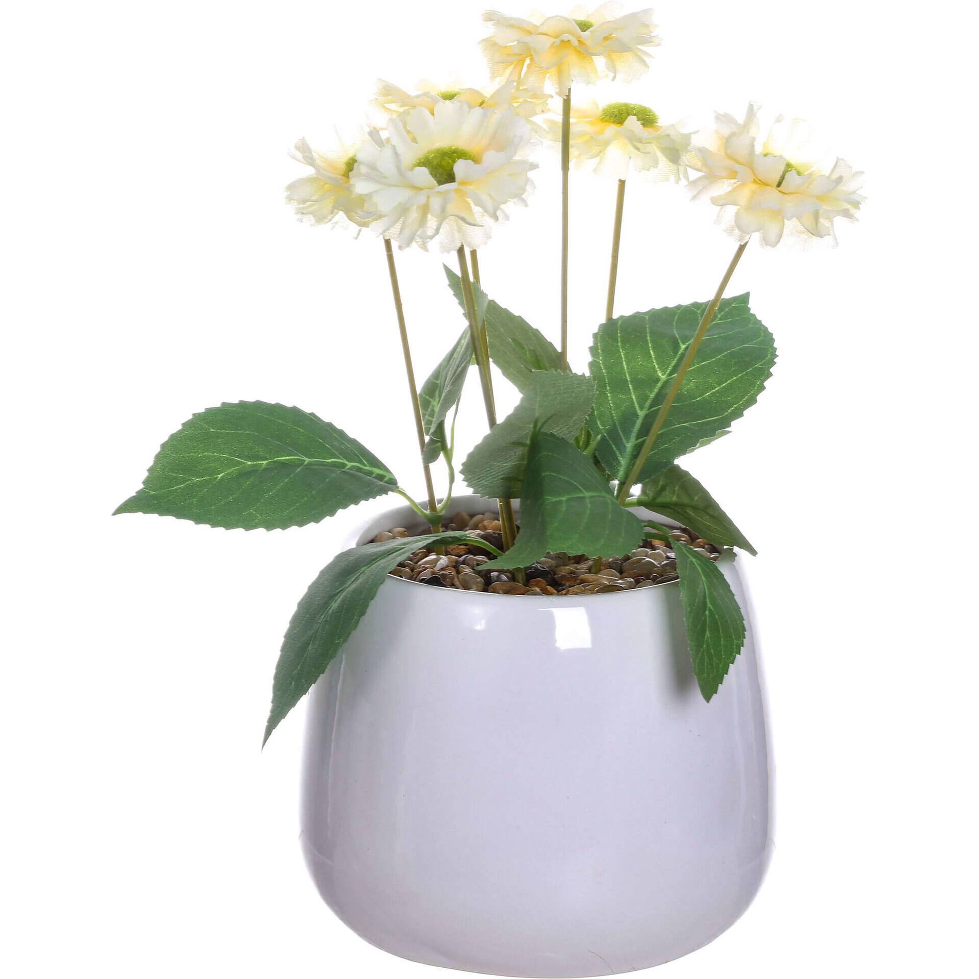 Planta Artificial Vaso Cer&acirc;mica Branca Flor Amarela Kasa
