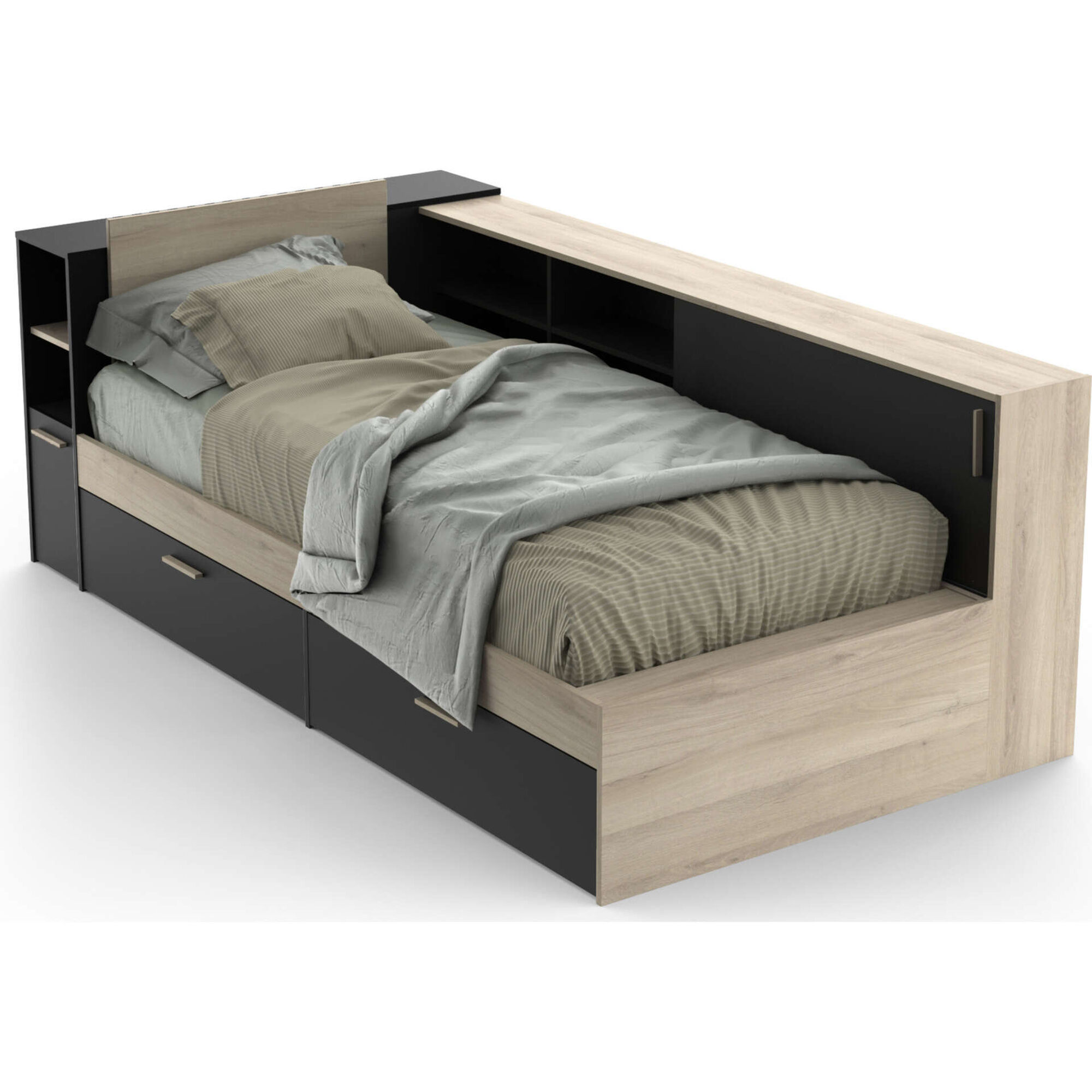 Cama Solteiro 119x229x88cm Preta e Carvalho Life