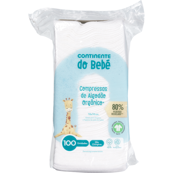 Compressas de Algodão Orgânico 10 x 10 cm Continente do Bebé