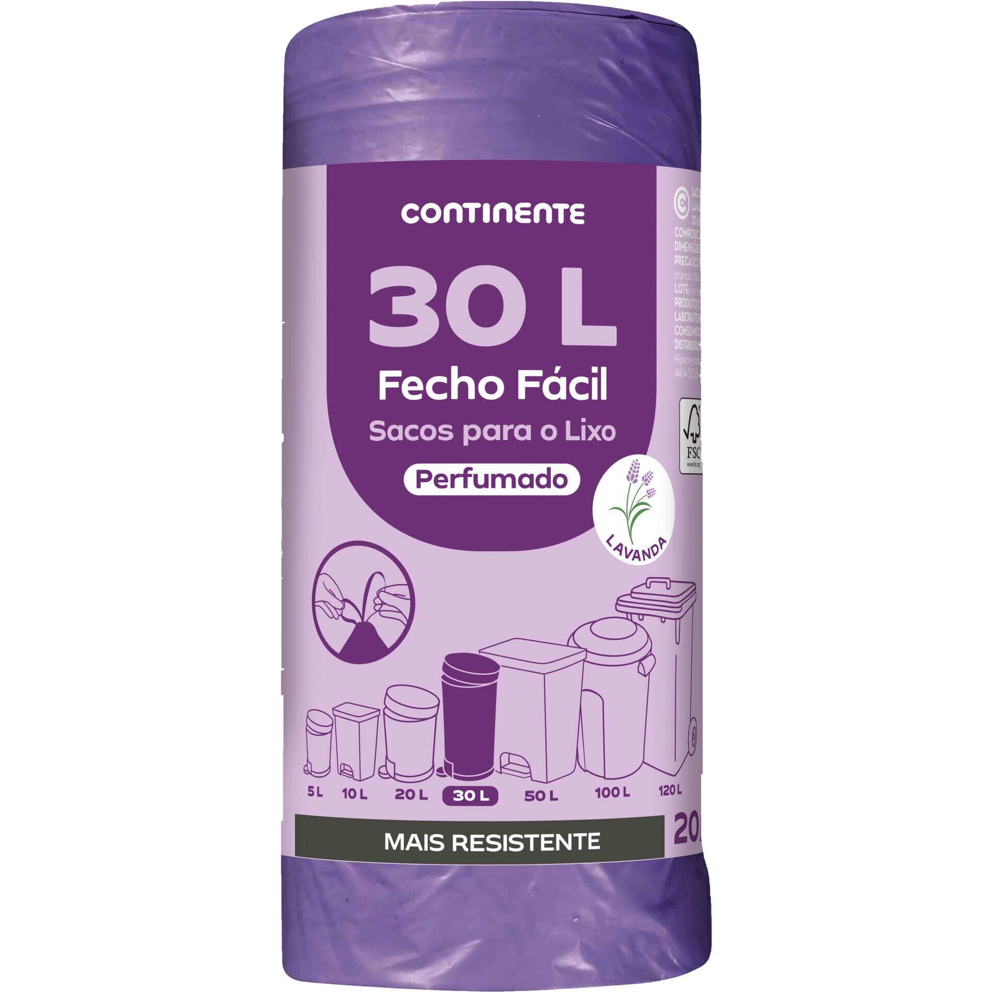 Sacos Lixo Fecho Fácil Perfumado Lavanda 30 lt