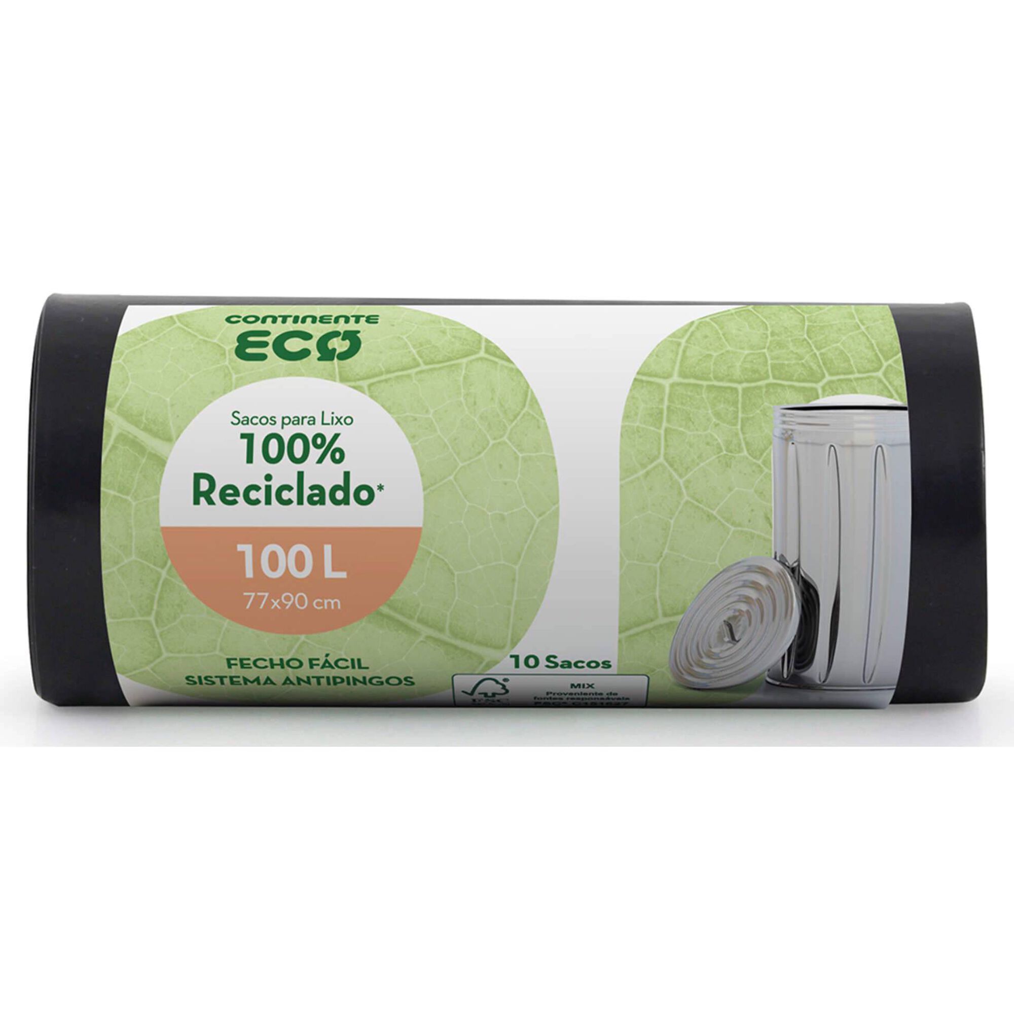 Sacos Lixo 100% Reciclado Fecho Fácil 100 lt Sacos Lixo 100% Reciclado Fecho Fácil 100 lt