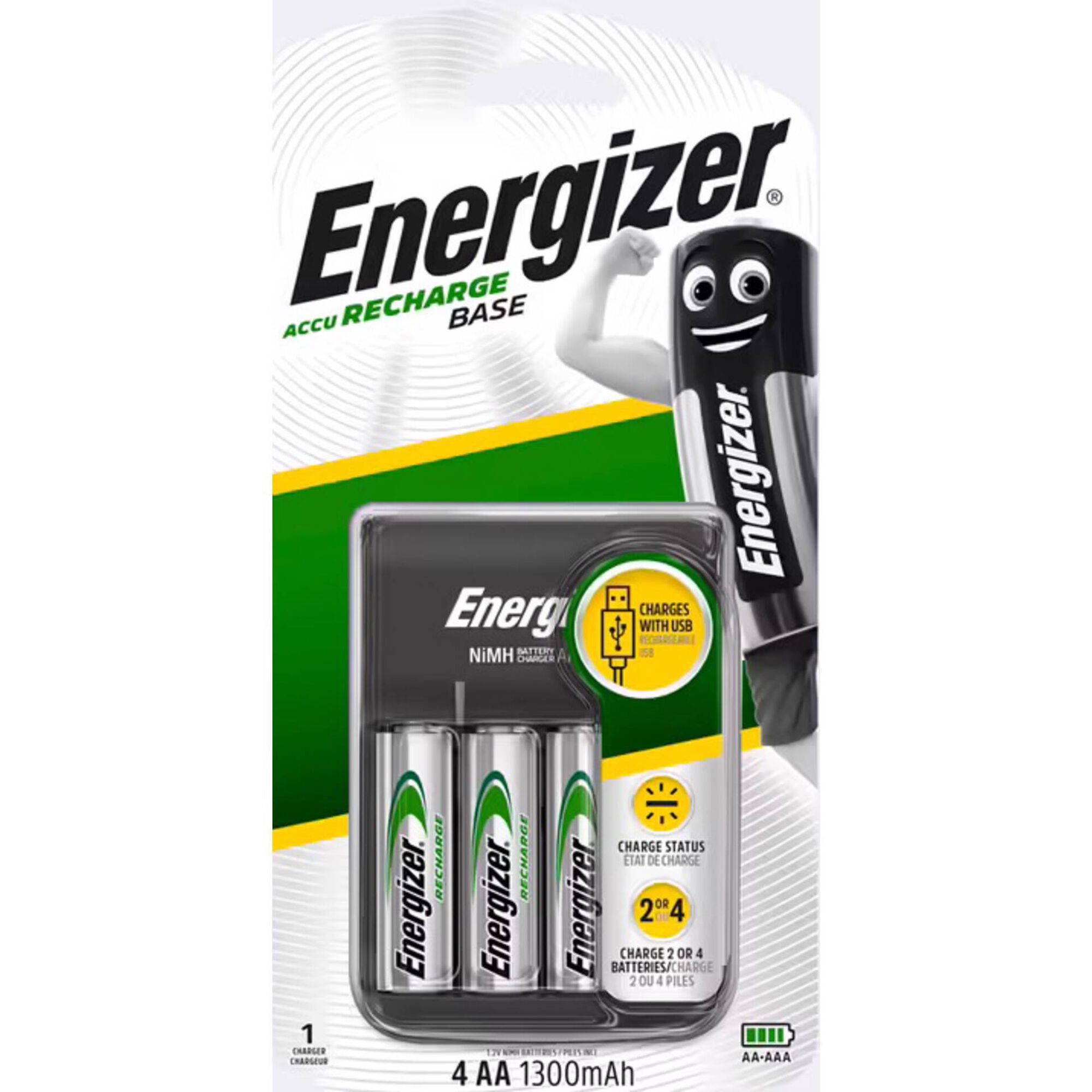 Carregador de Pilhas USB AA 1300MAH + 4 Pilhas
