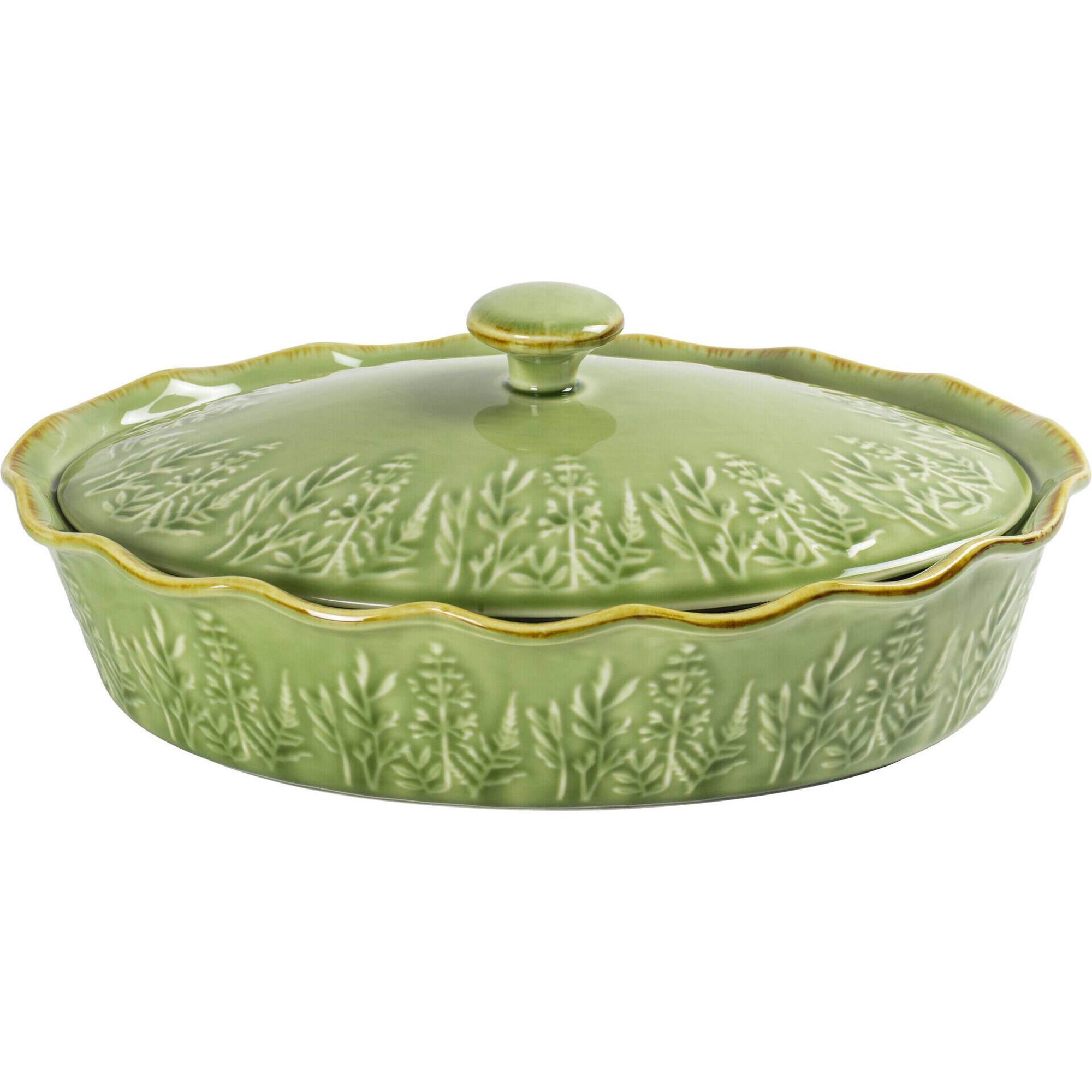 Assadeira Oval com Tampa Folhas Verde Claro Kasa