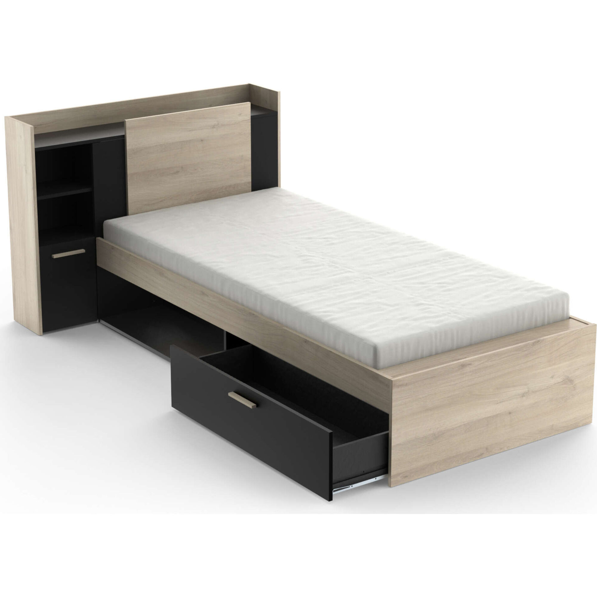 Cama Solteiro 125x227x91cm Preta e Carvalho Life