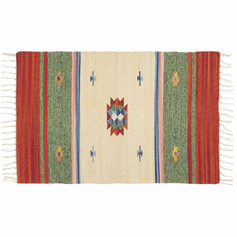 Tapete Algodão 120x180cm Branco e Verde Kilim