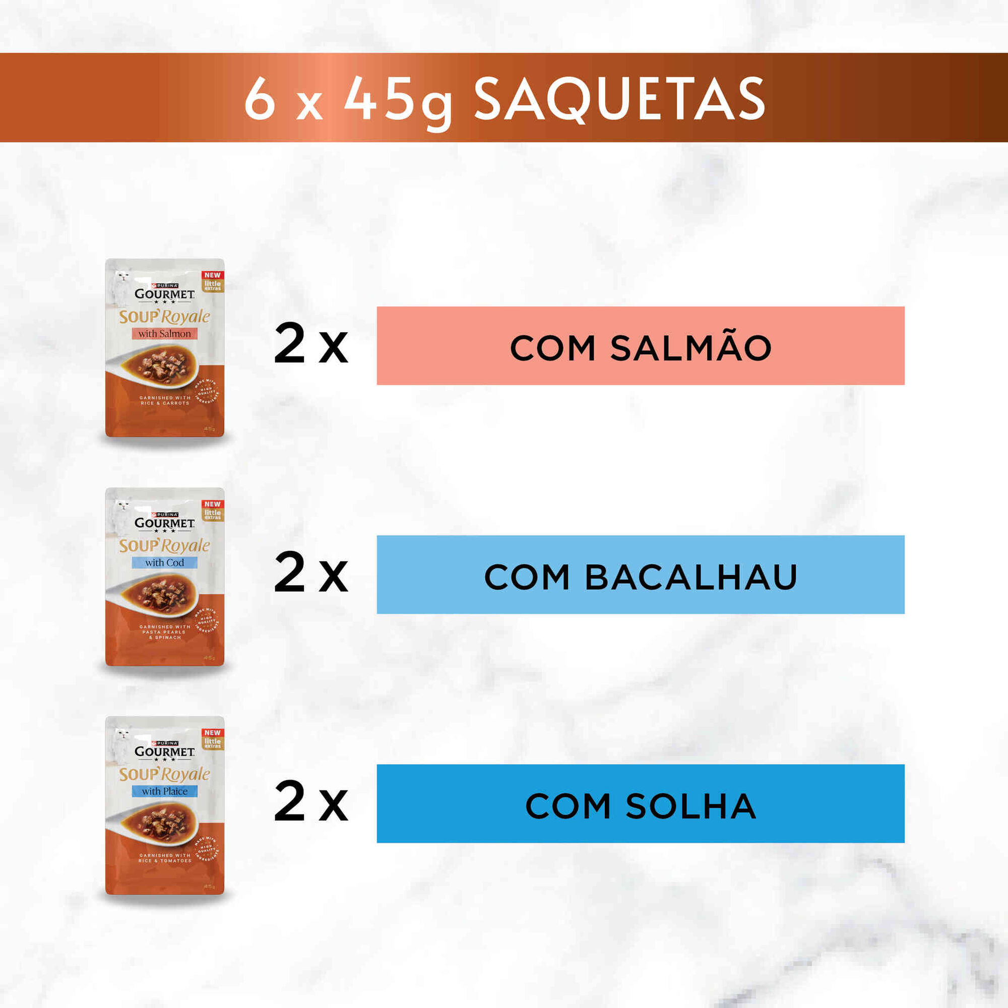 Snack L&iacute;quido para Gato Adulto Soup Royale Salm&atilde;o, Bacalhau e Solha Purina Gourmet