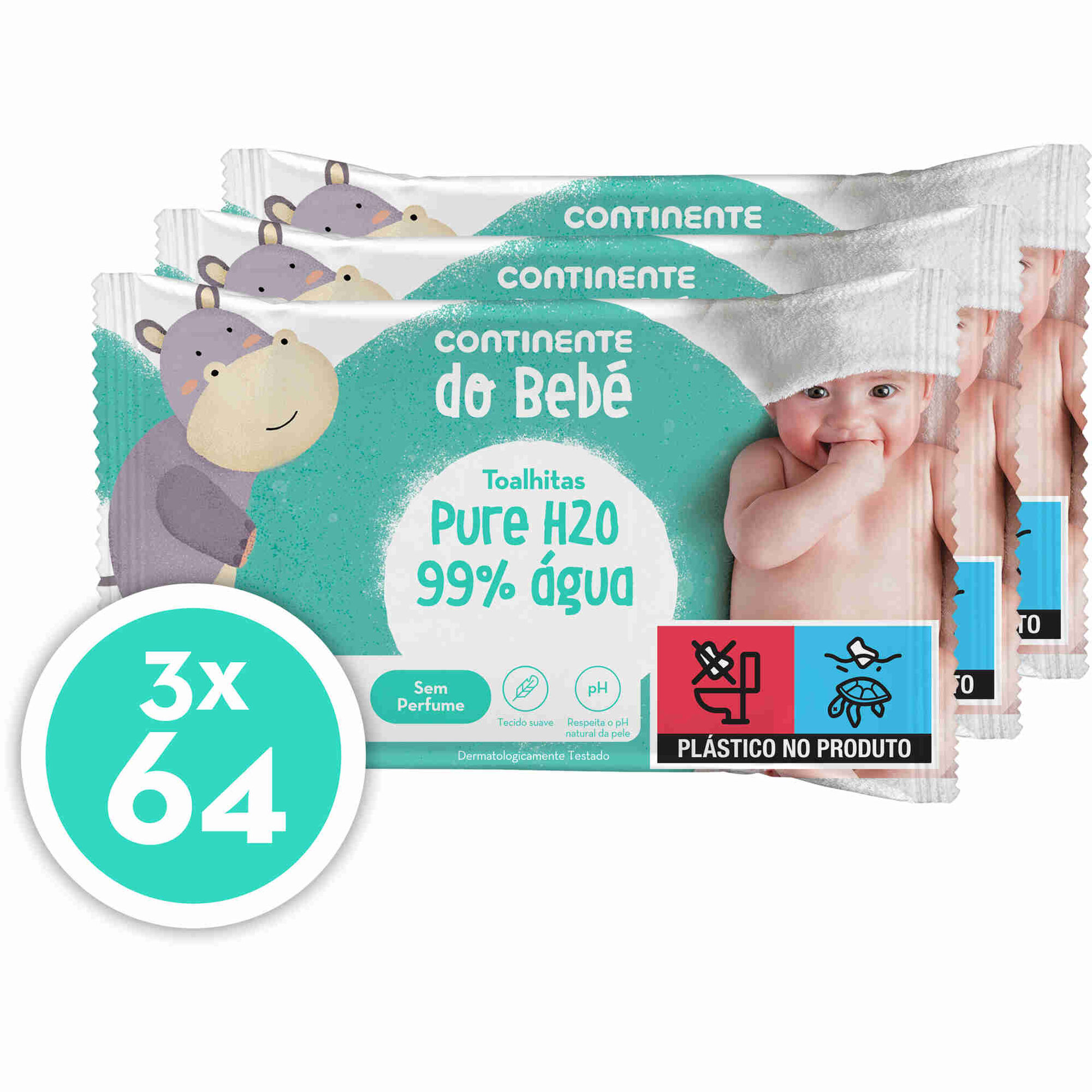 Toalhitas Bebé Pure H2O 99% Água - emb. 3 x 64 un - Continente do Bebé