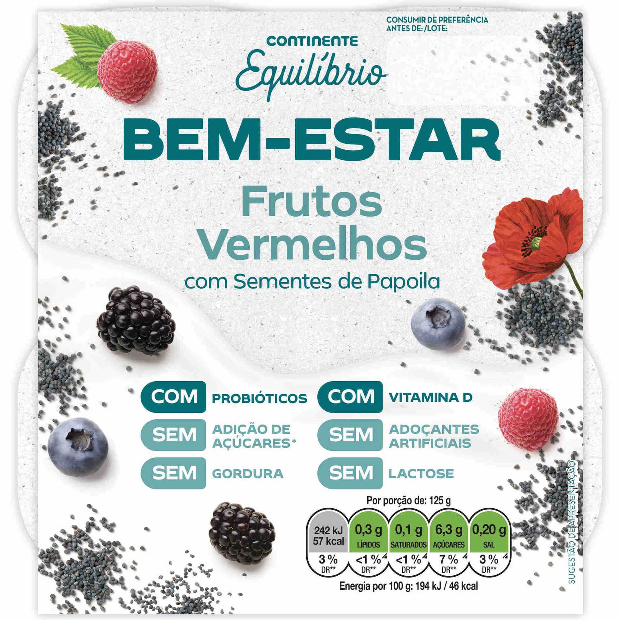 Iogurte Peda&ccedil;os Bem-Estar Frutos Vermelhos sem Lactose Continente Equil&iacute;brio