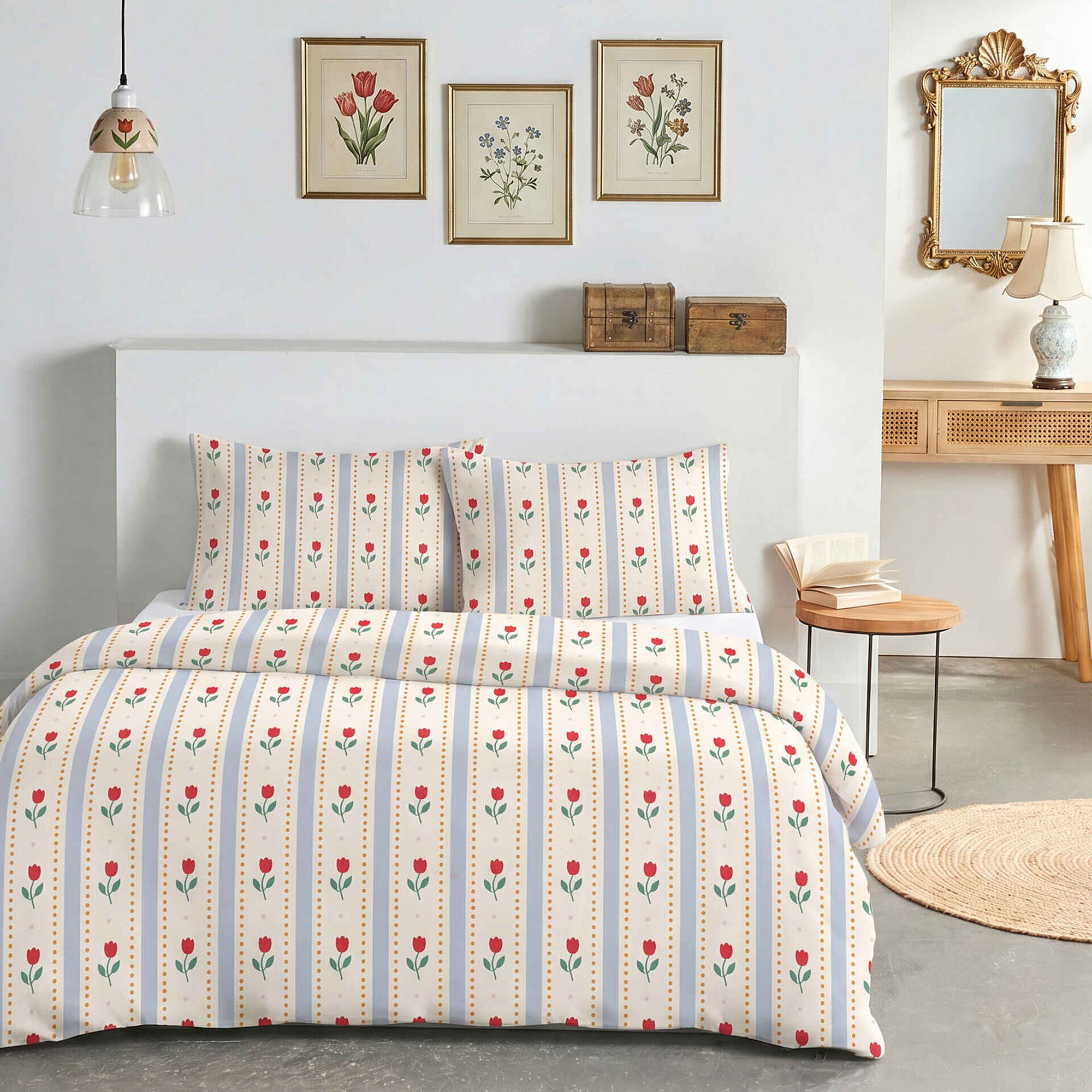 Conjunto Capa de Edred&atilde;o e Fronhas 220x240cm Tulipas Rustic Country Kasa